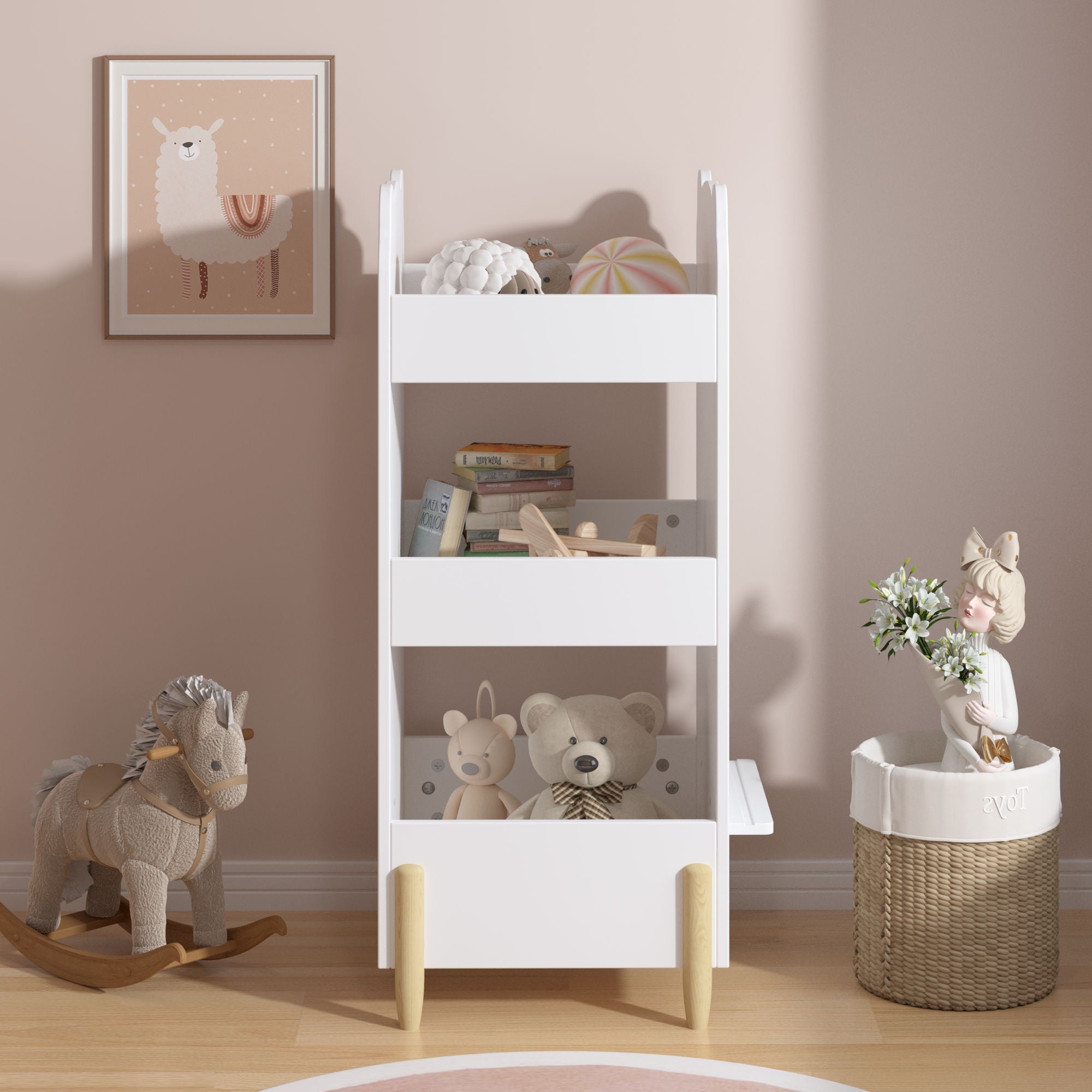 Bear Shaped Bookshelf With Chalkboard Side, 3 Tier Storage Organizer For Playroom - White