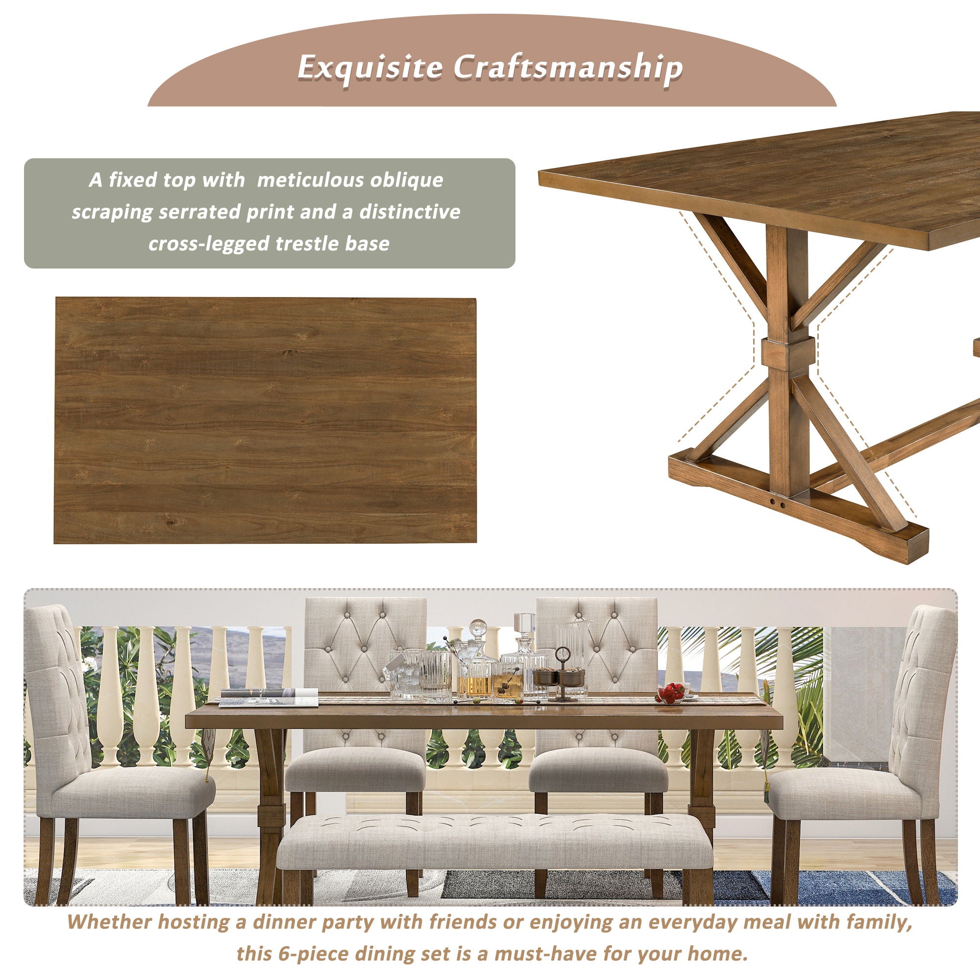 6 Piece Dining Table Set With Rectangular Wood Table, 4 Upholstered Chairs, Bench