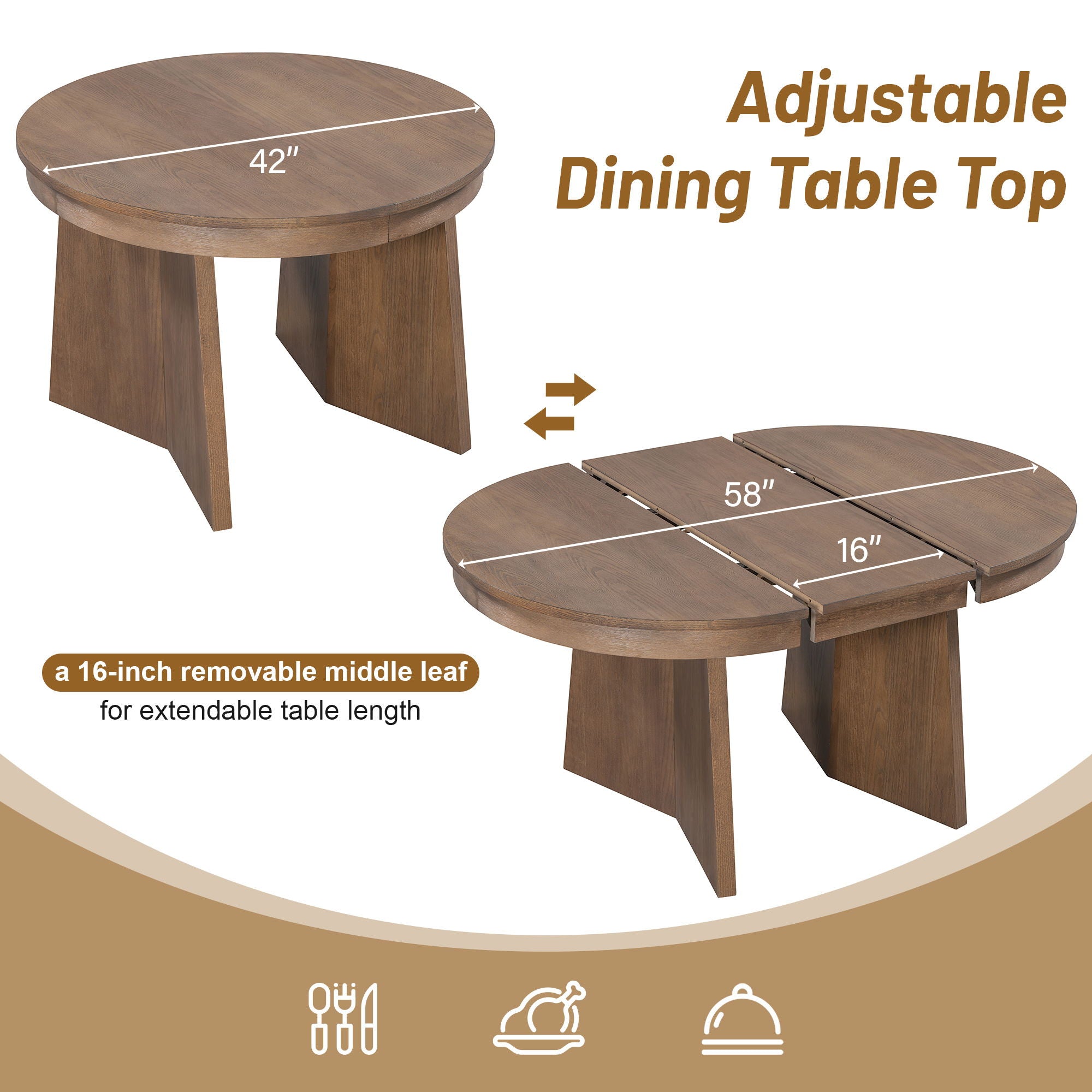 Extendable Round Dining Table Set For 4 With 4 Upholstered Chairs - Beige / Walnut