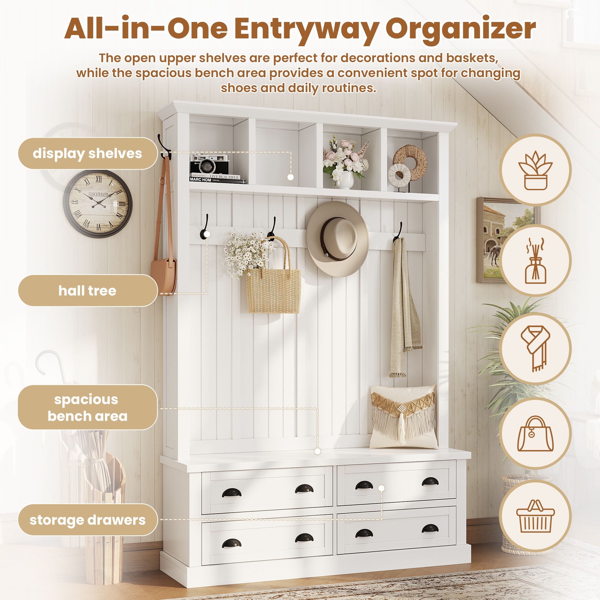 Hall Tree With 4 Drawers, Coat Rack With 6 Hooks
