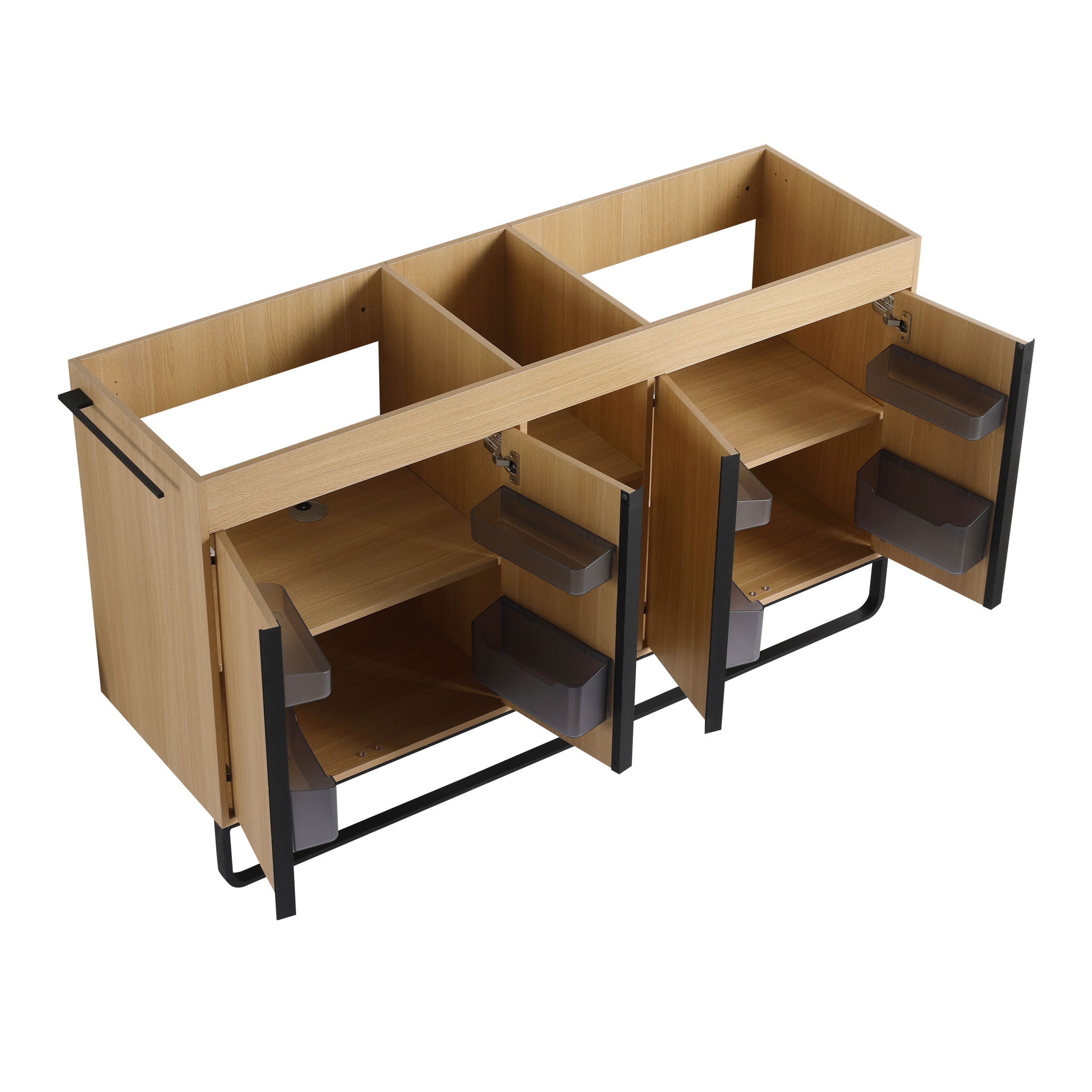 58" Freestanding Bathroom Cabinet With 4 Soft Close Doors & 3 Open Racks (Vanity Only, No Sink) - Oak