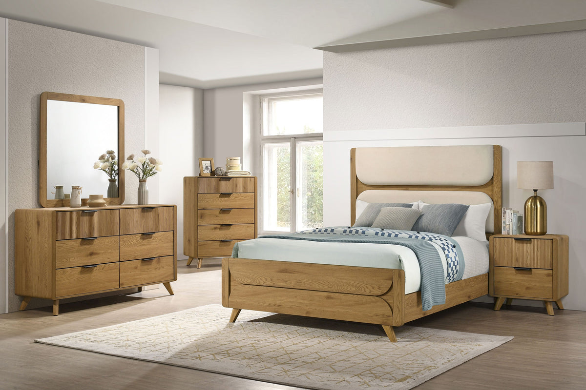 Bennett Cream Upholstered 5-Piece Mid-Century Bedroom Set Light Oak