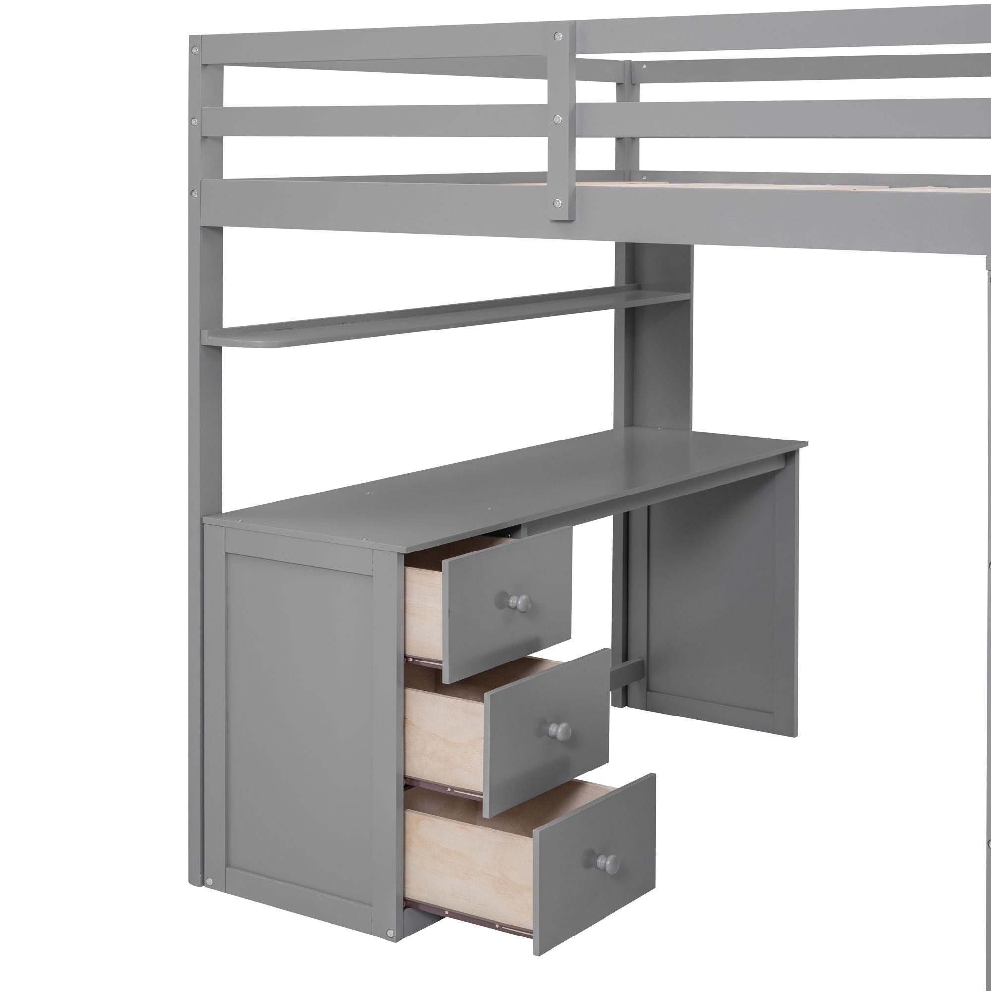 Full Size Loft Bed With Drawers, Desk, And Wardrobe - Gray