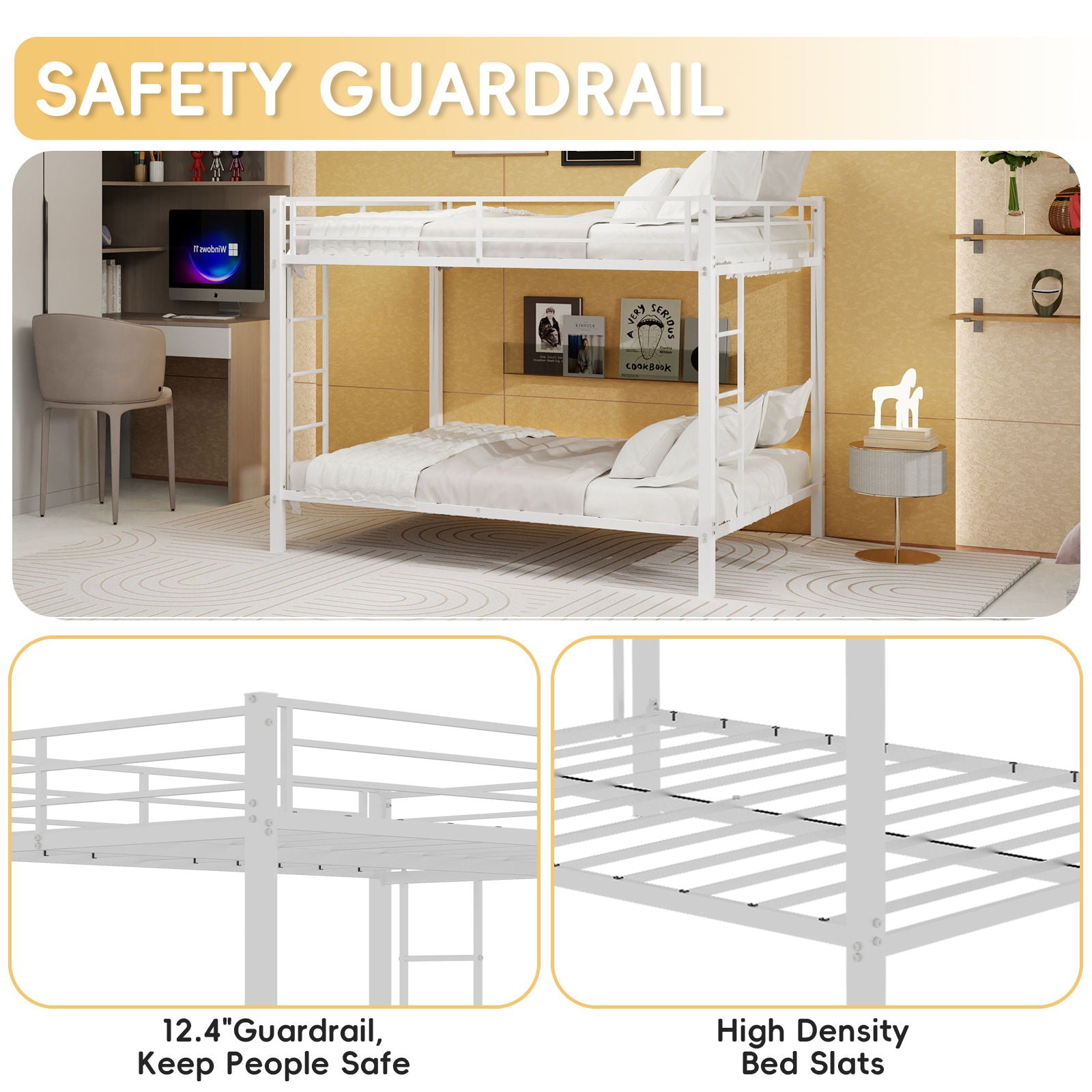 Bunk Bed For Kids, Convertible Frame With Ladders & Guardrail