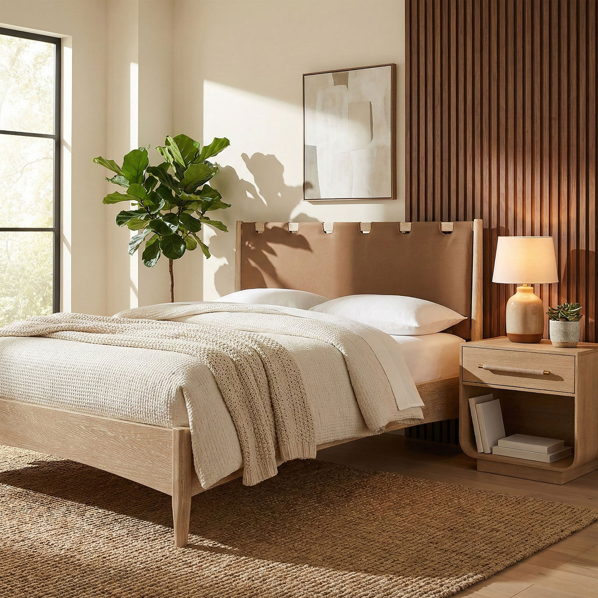 Santos - Vegan Leather Headboard And Wood Bed - Waxed Natural Frame