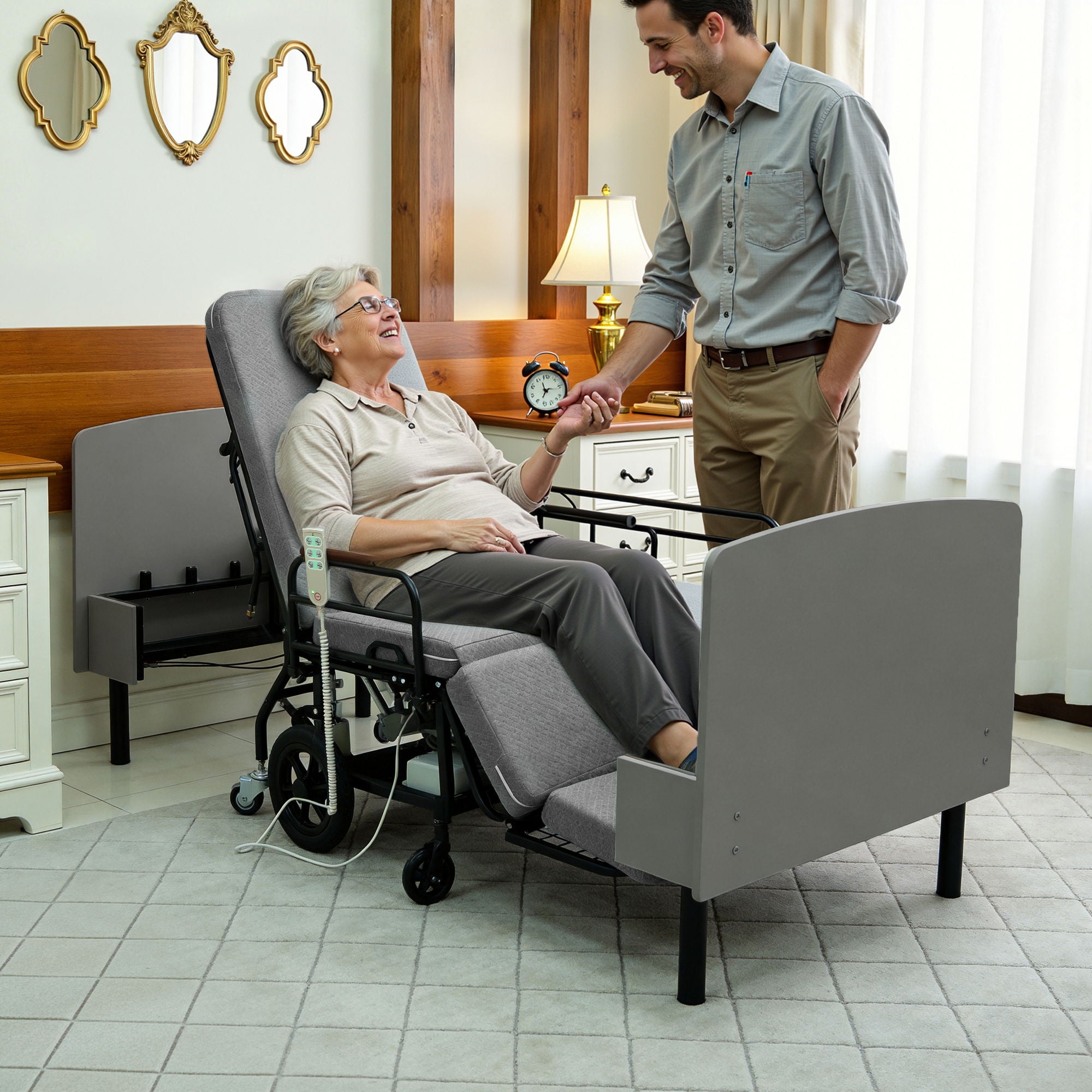 Dual Motor 3 In 1 Electric Nursing Bed Convertible To Wheelchair & Stretcher - Gray