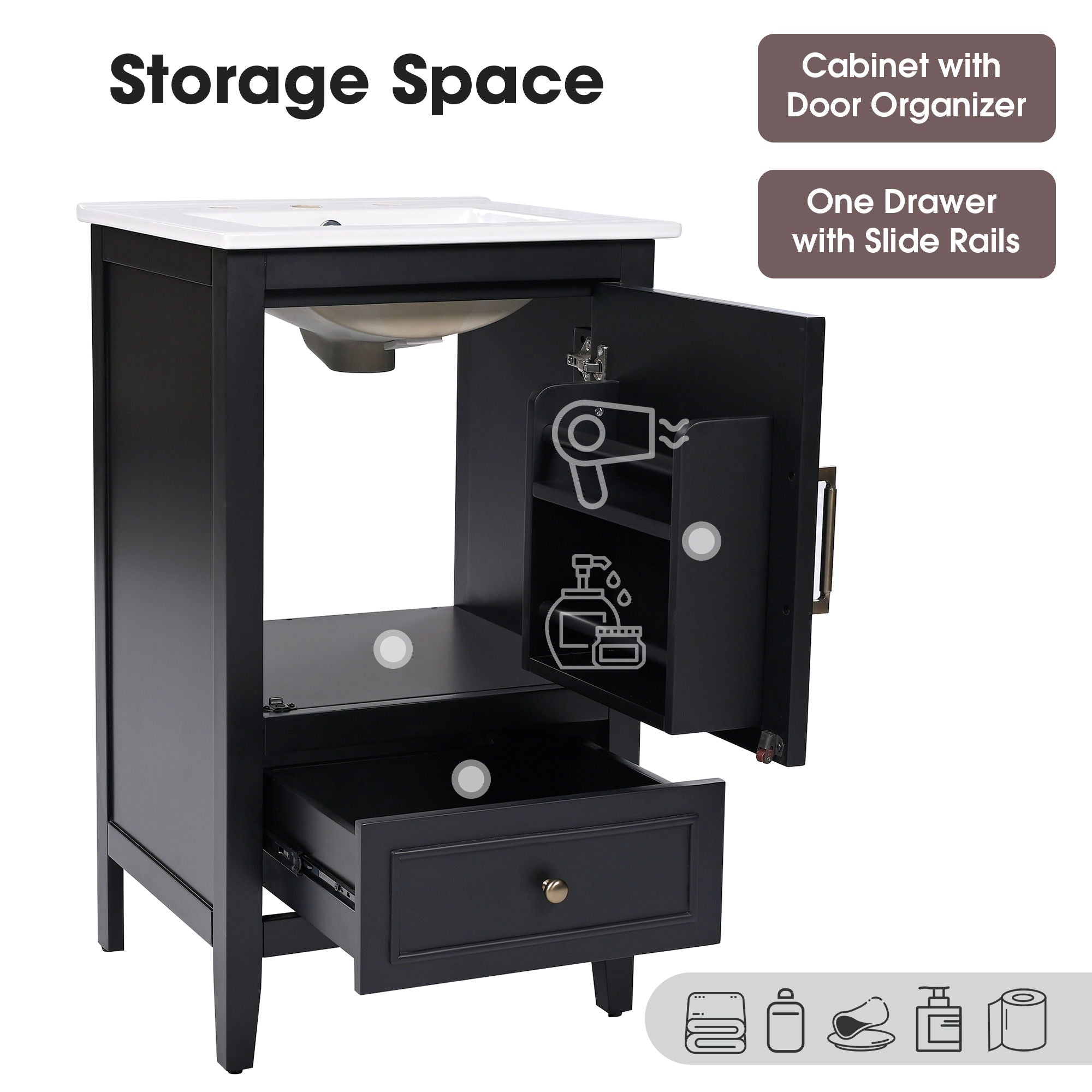 Modern Bathroom Vanity With Sink, Cabinet Storage, Drawer & Adjustable Feet