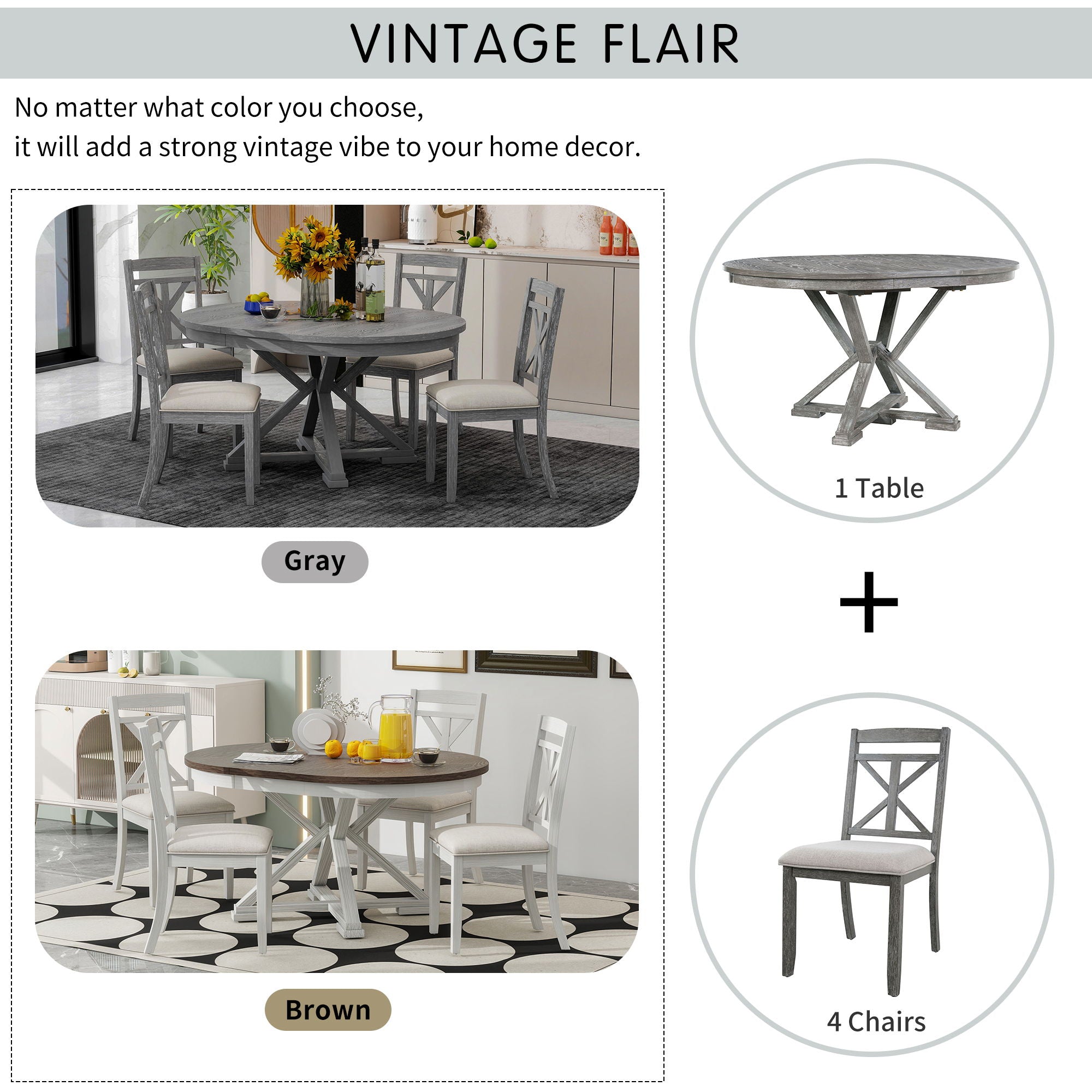 Dining Set With Extendable Round Table And 4 Upholstered Chairs