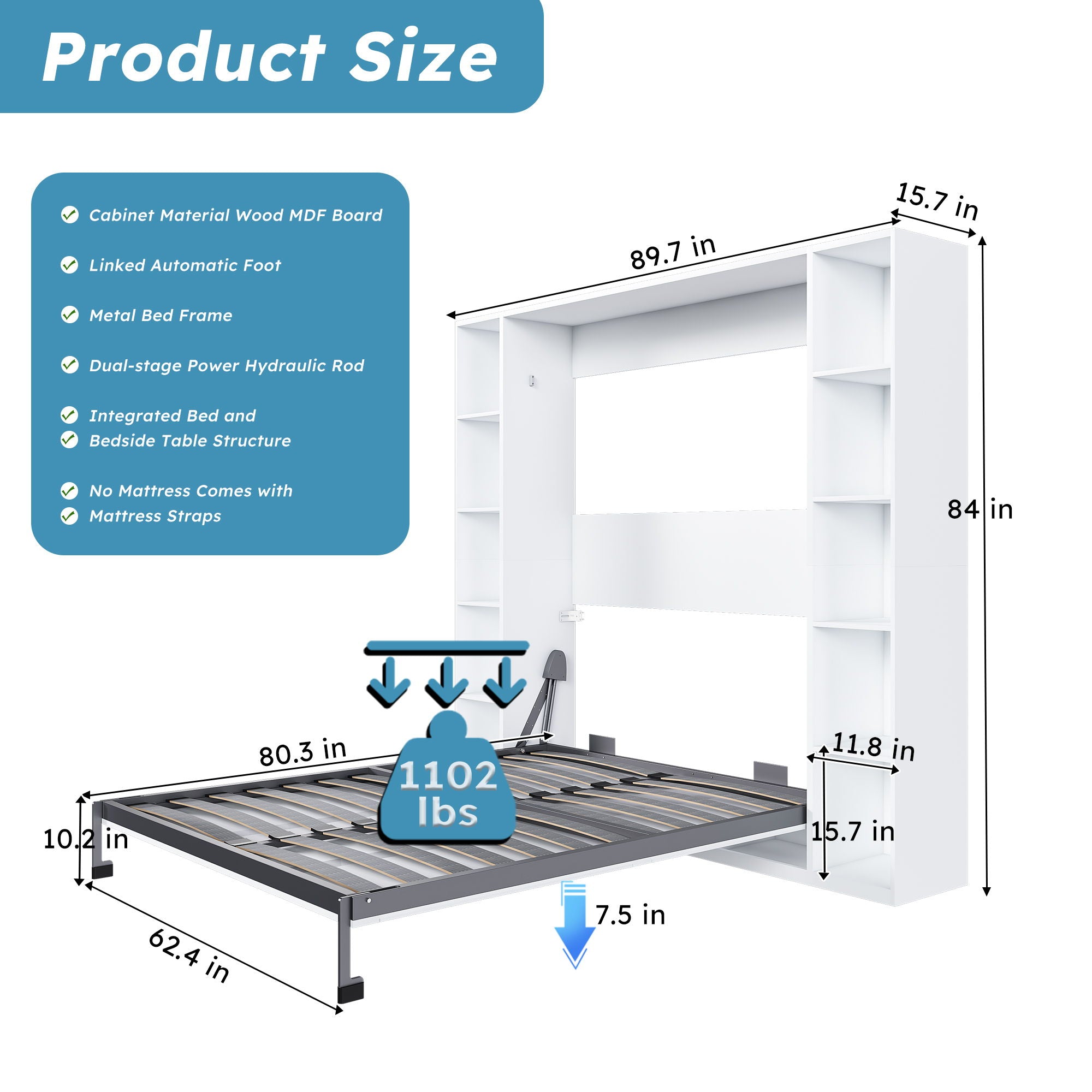 Queen Murphy Bed With Storage Cabinet, Foldable Wall Bed For Bedrooms - White