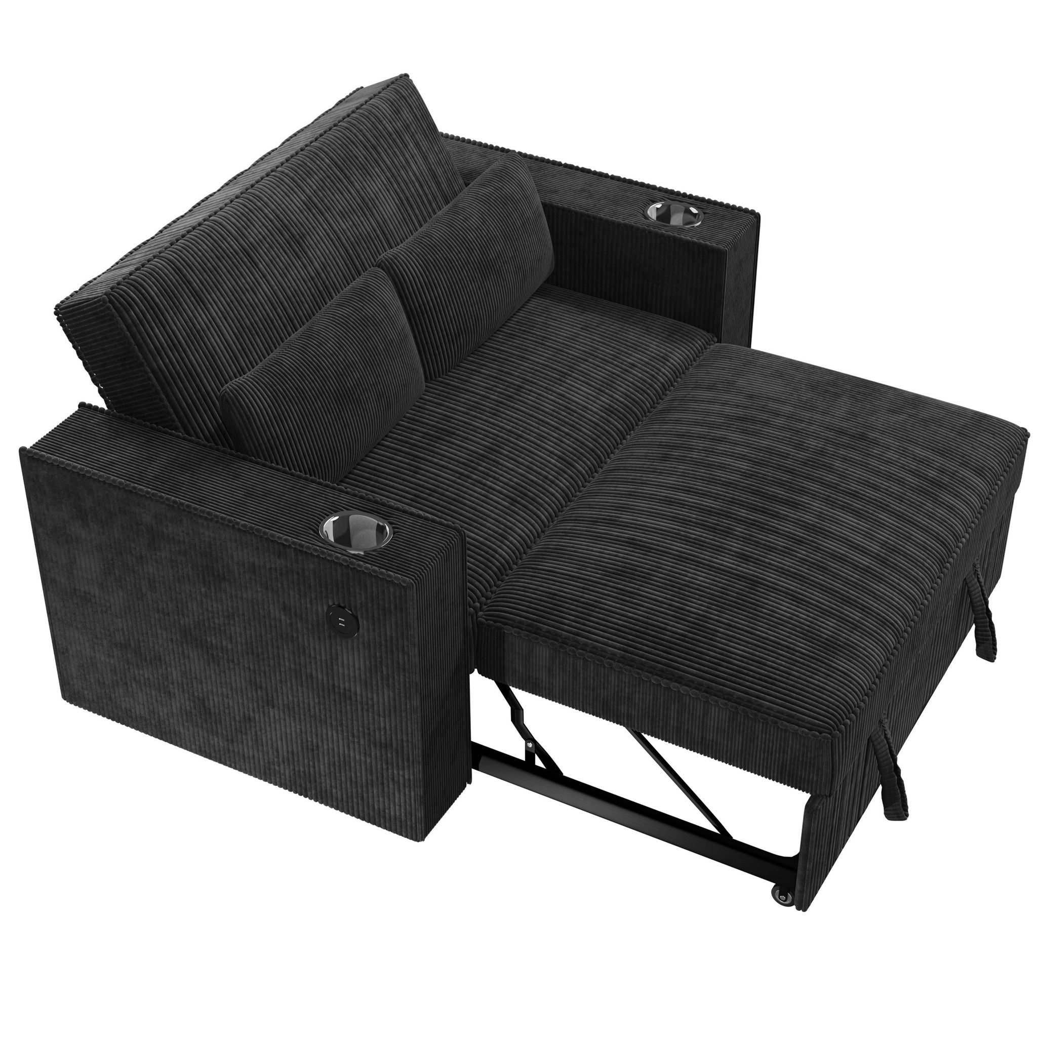 Modern Style Convertible Sofa With Pull-Out Bed, USB Ports & Cup Holders