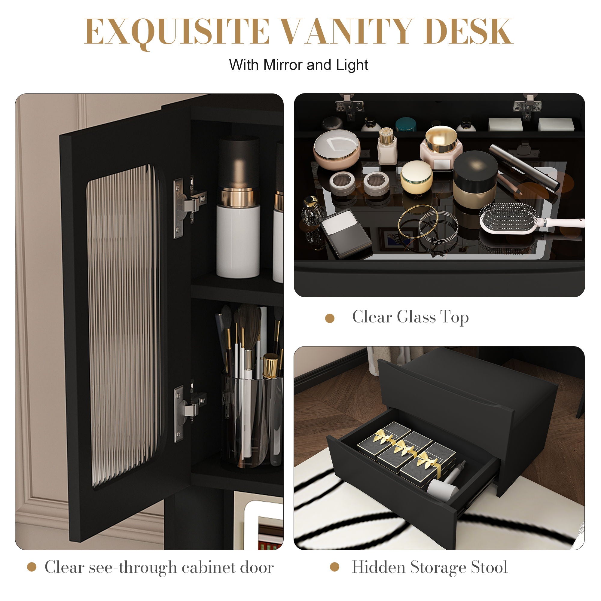 3 In 1 Vanity Table With LED Mirror & Storage Stool For Bedroom