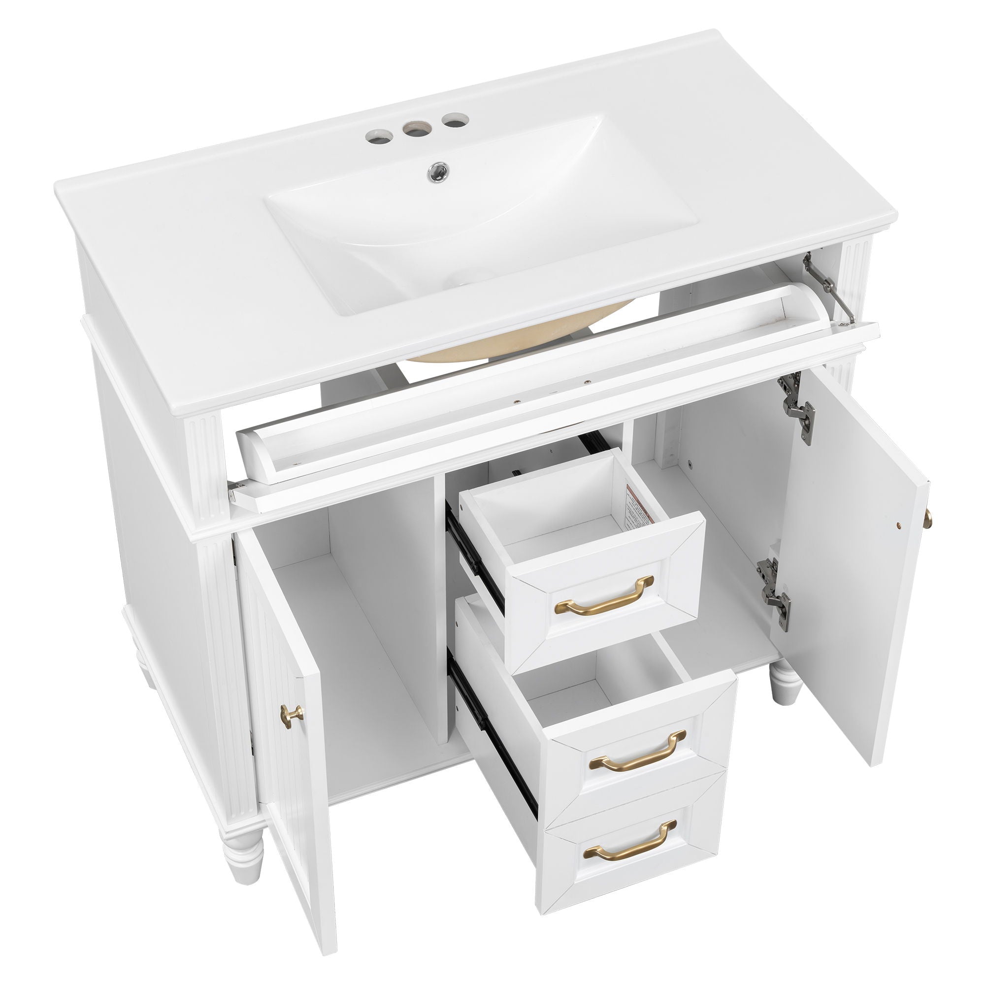Bathroom Vanity With Sink, Flip-Out Top Drawer, Soft Close Doors, 2 Storage Drawers