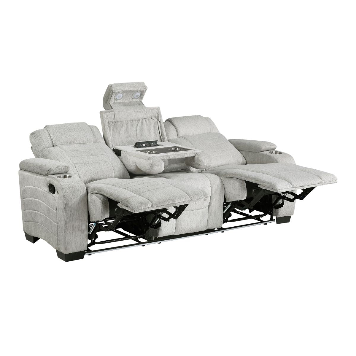 Ronan - Double Reclining Sofa With Center Drop-Down Cup Holders, Storage Arms, Cup Holders, Reading Lights, Magazine Bag, Receptacles, Charging Ports And Led - Gray
