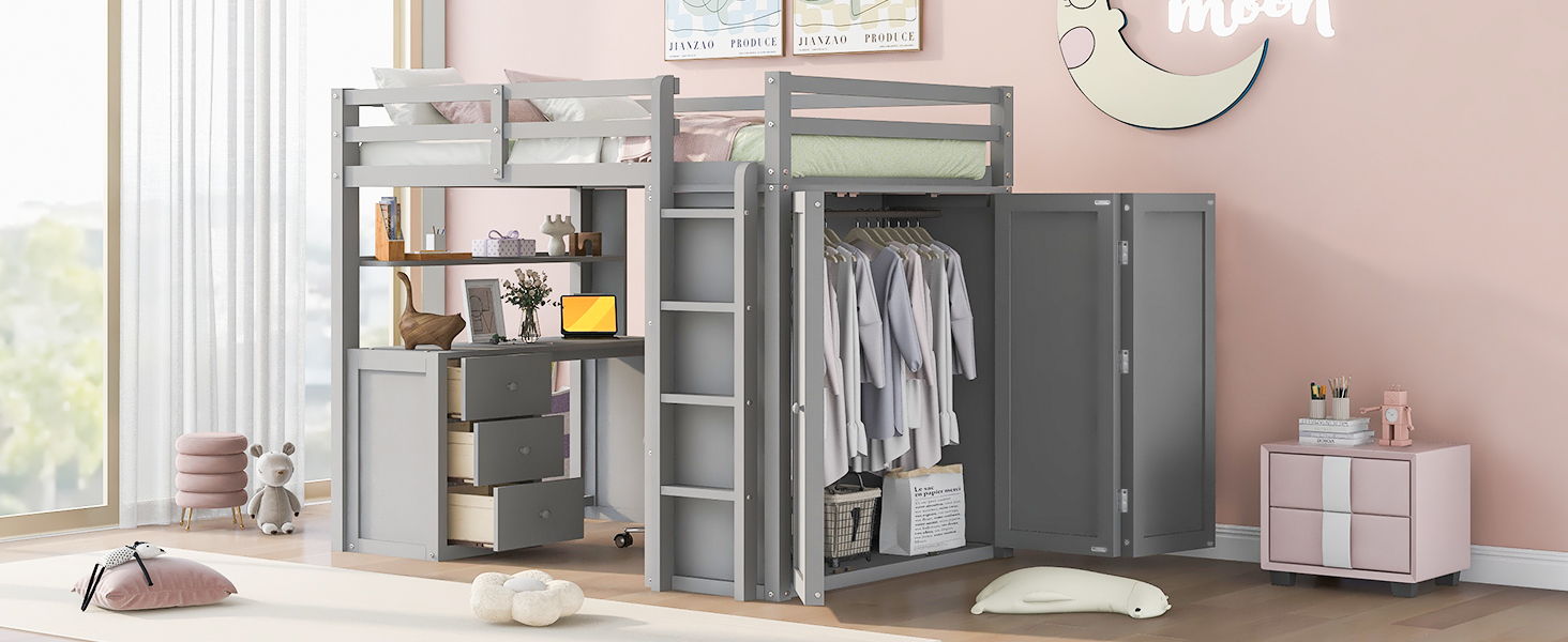 Full Size Loft Bed With Drawers, Desk, And Wardrobe - Gray