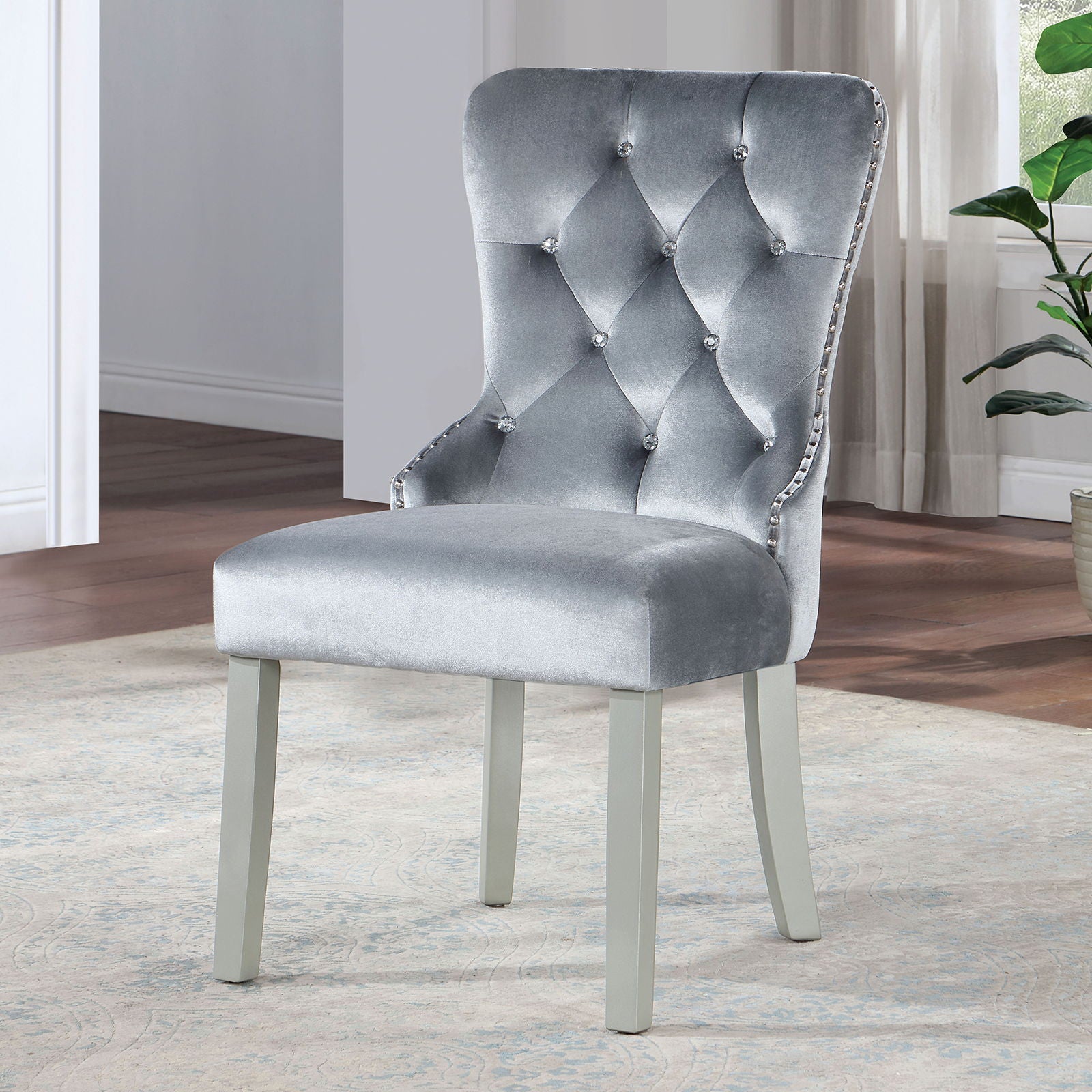 Upholstered Wingback Dining Chair (Set of 2) - Dark Gray / Silver