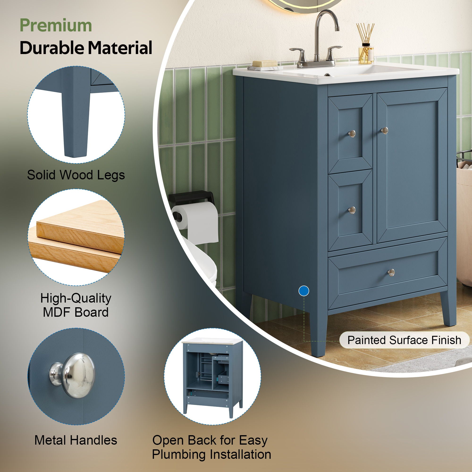 Modern Bathroom Vanity With Sink, Soft Close Drawers & Door, Storage Rack