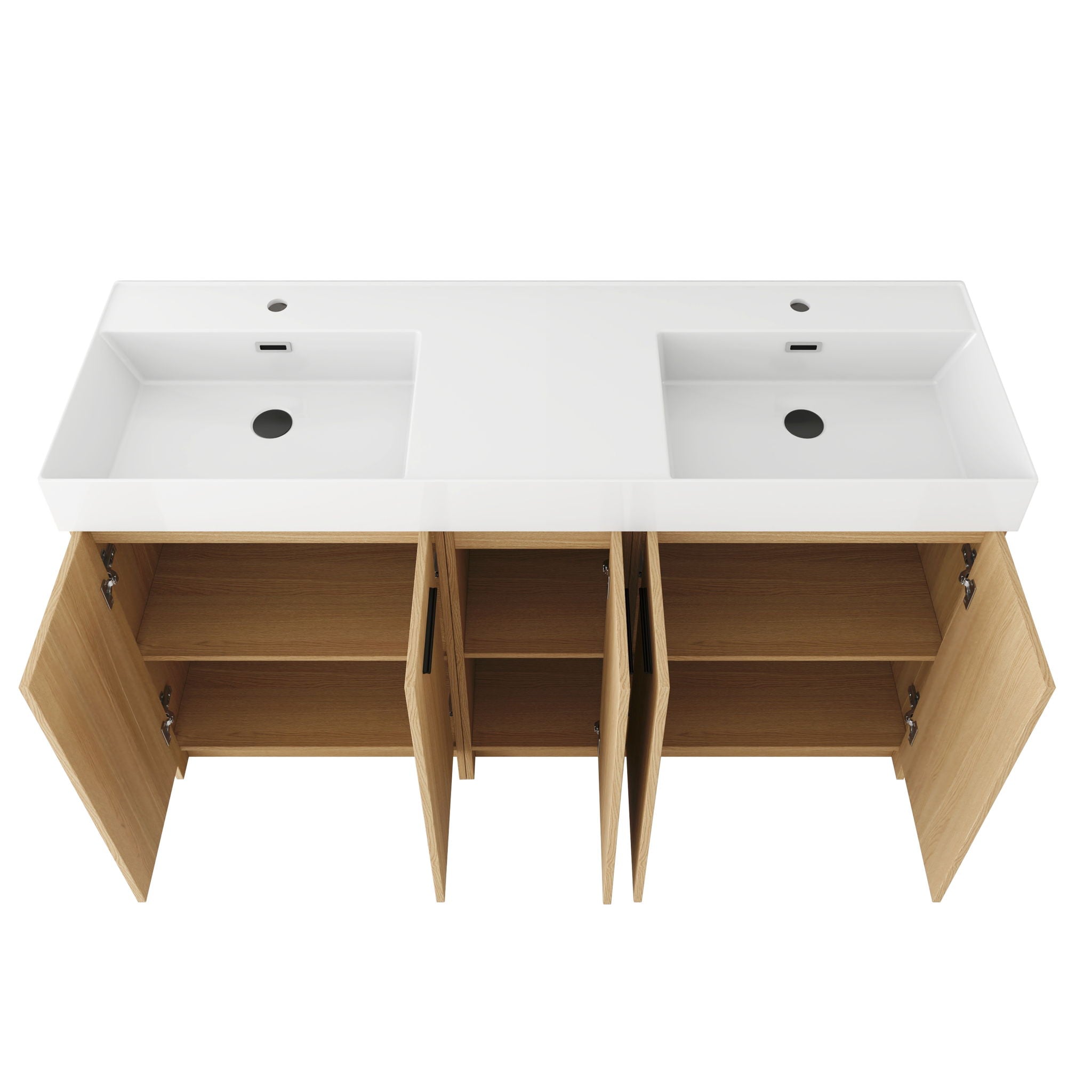 Double Sink Bathroom Vanity With Extra Large Storage, Integrated Sink, Freestanding Cabinet, Soft Close Doors - Glossy White / Light Oak