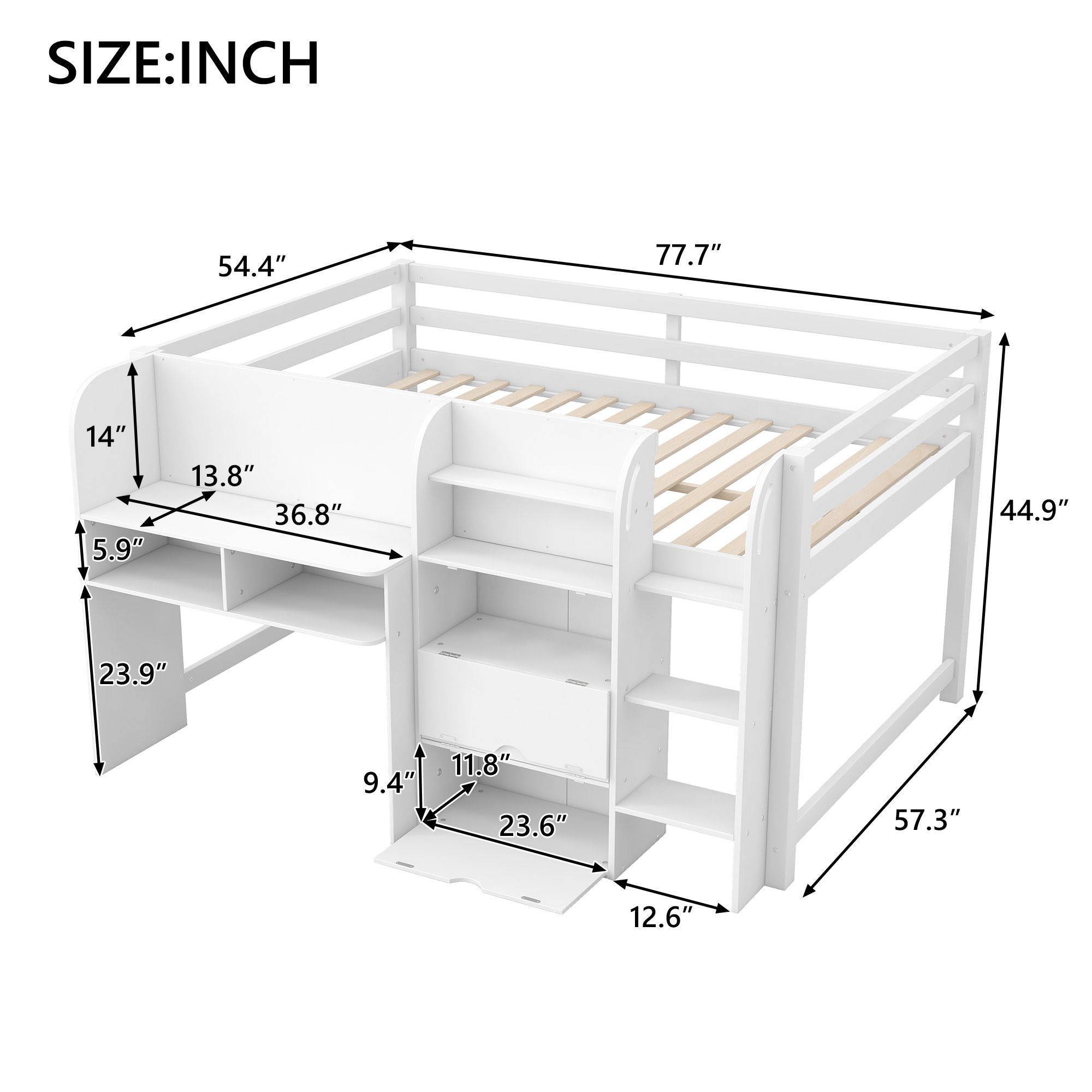 Low Loft Bed With Built In Desk, Storage Cabinets, Open Bookcase And Doodle board