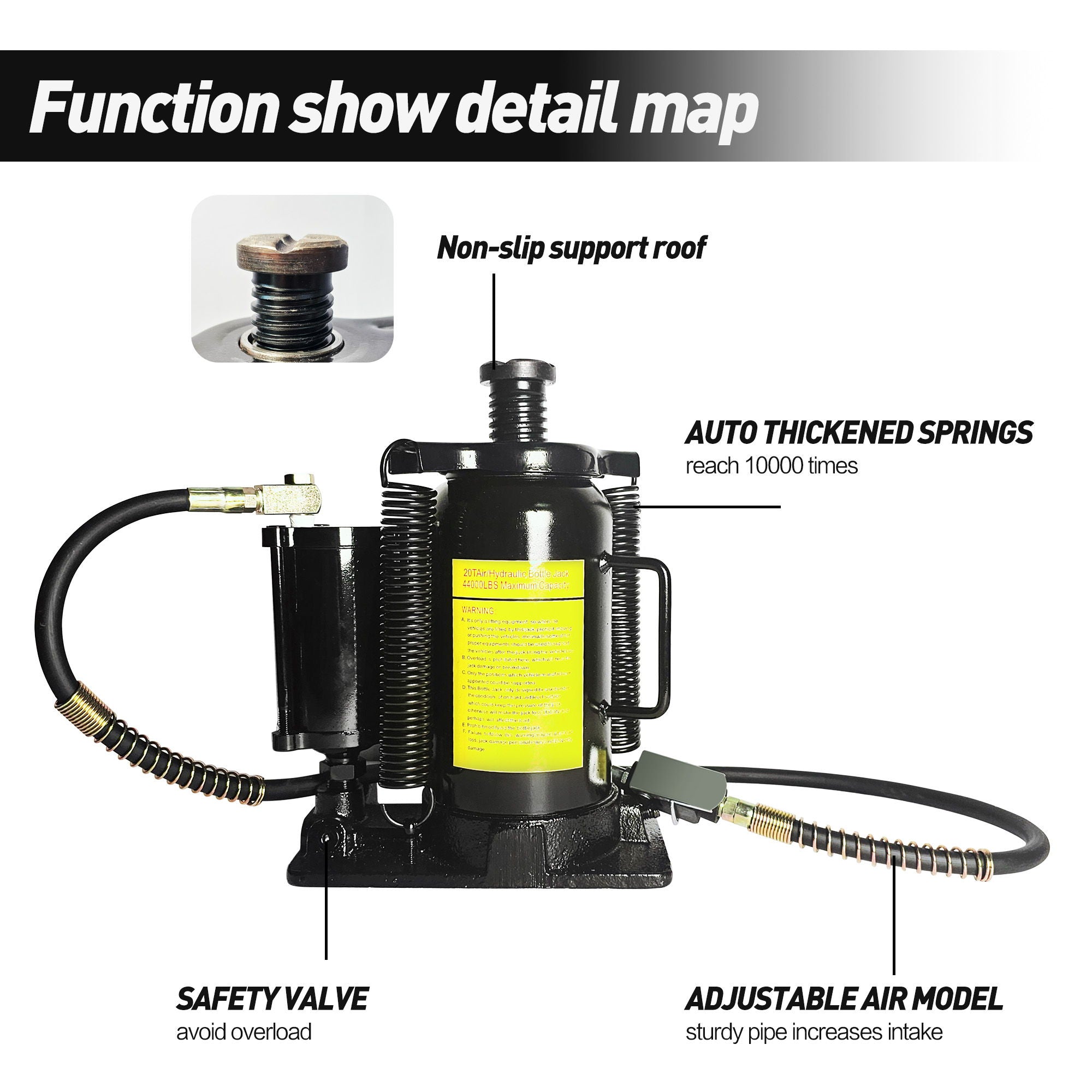 Air Hydraulic Bottle Jack, 20 Ton / 40000 Lbs Bottle Jack, 10.23-20.07-Inch Lifting Range, Manual Handle And Air Pump - Black