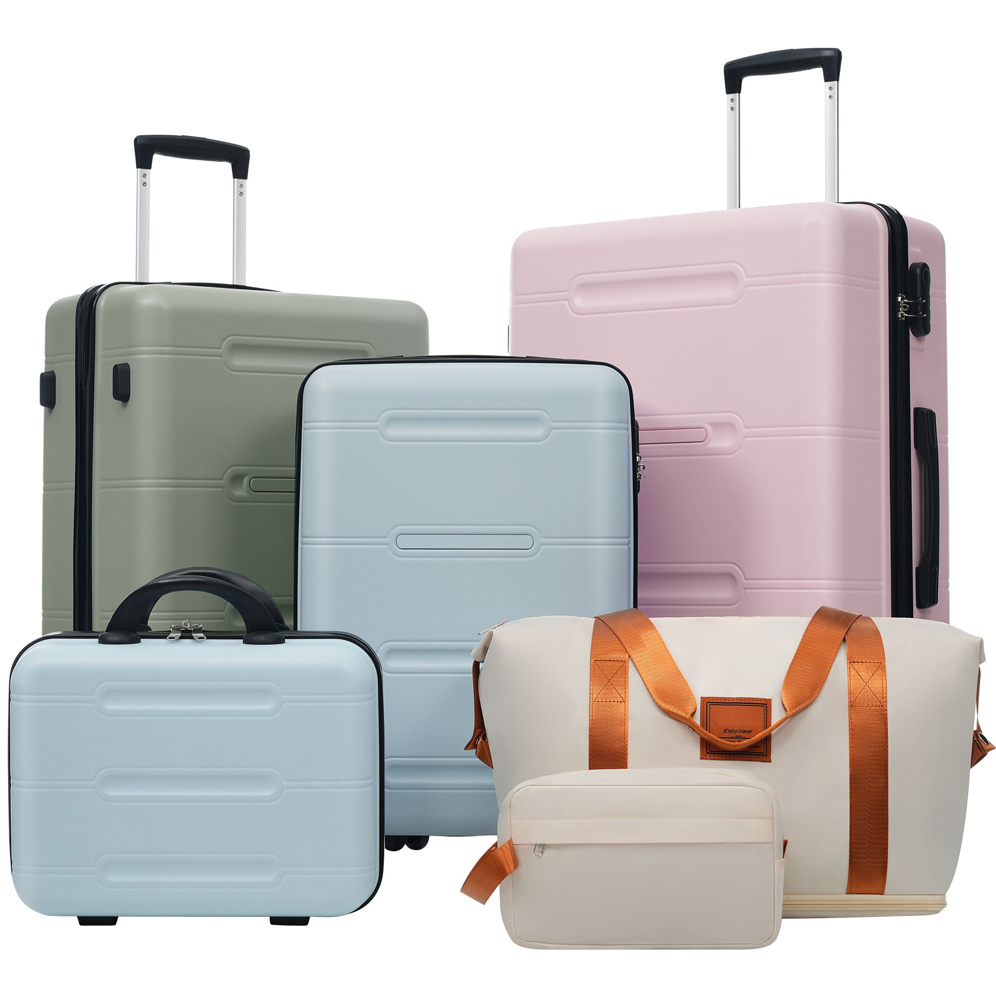 Lightweight Hardshell Luggage Set With Double Spinner Wheels, Password Lock, Cosmetic Case, 20" / 24" / 28" Luggages, Duffel Bag & Toiletry Bag - Blue / Green / Pink