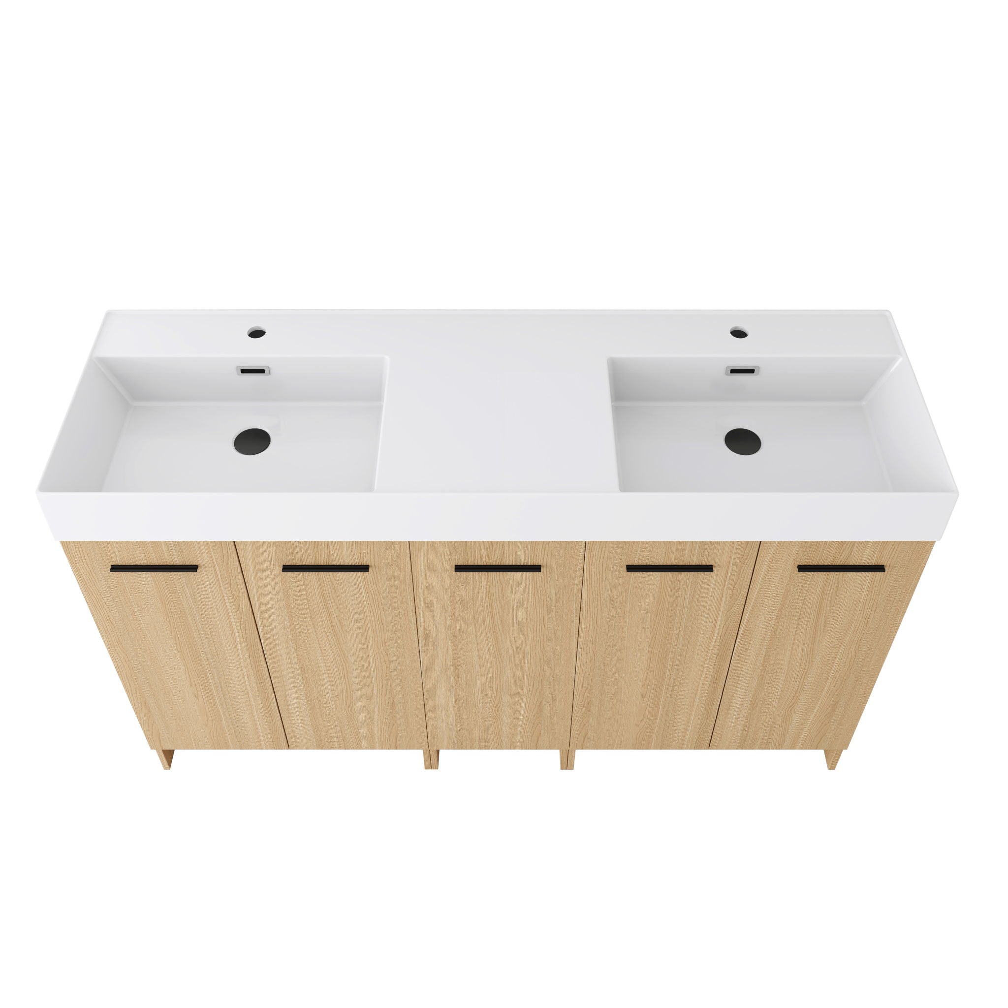 Double Sink Bathroom Vanity With Extra Large Storage, Integrated Sink, Freestanding Cabinet, Soft Close Doors - Glossy White / Light Oak