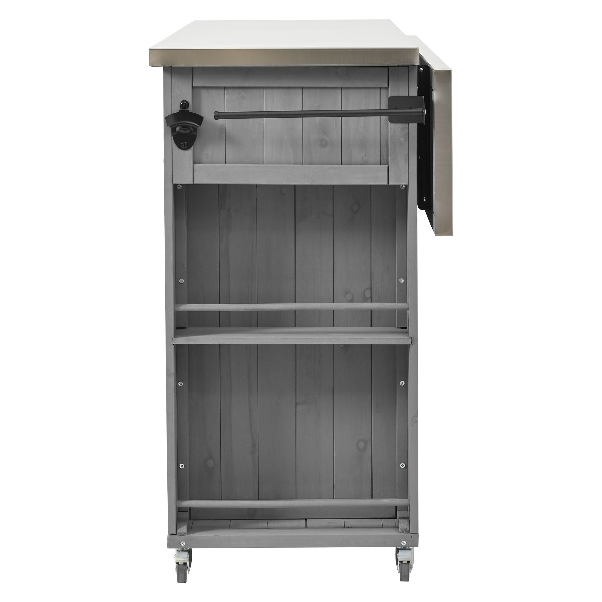 Outdoor Kitchen Island With Stainless Steel Top, Ample Storage Space, Towel And Spice Racks And A Bottle Opener