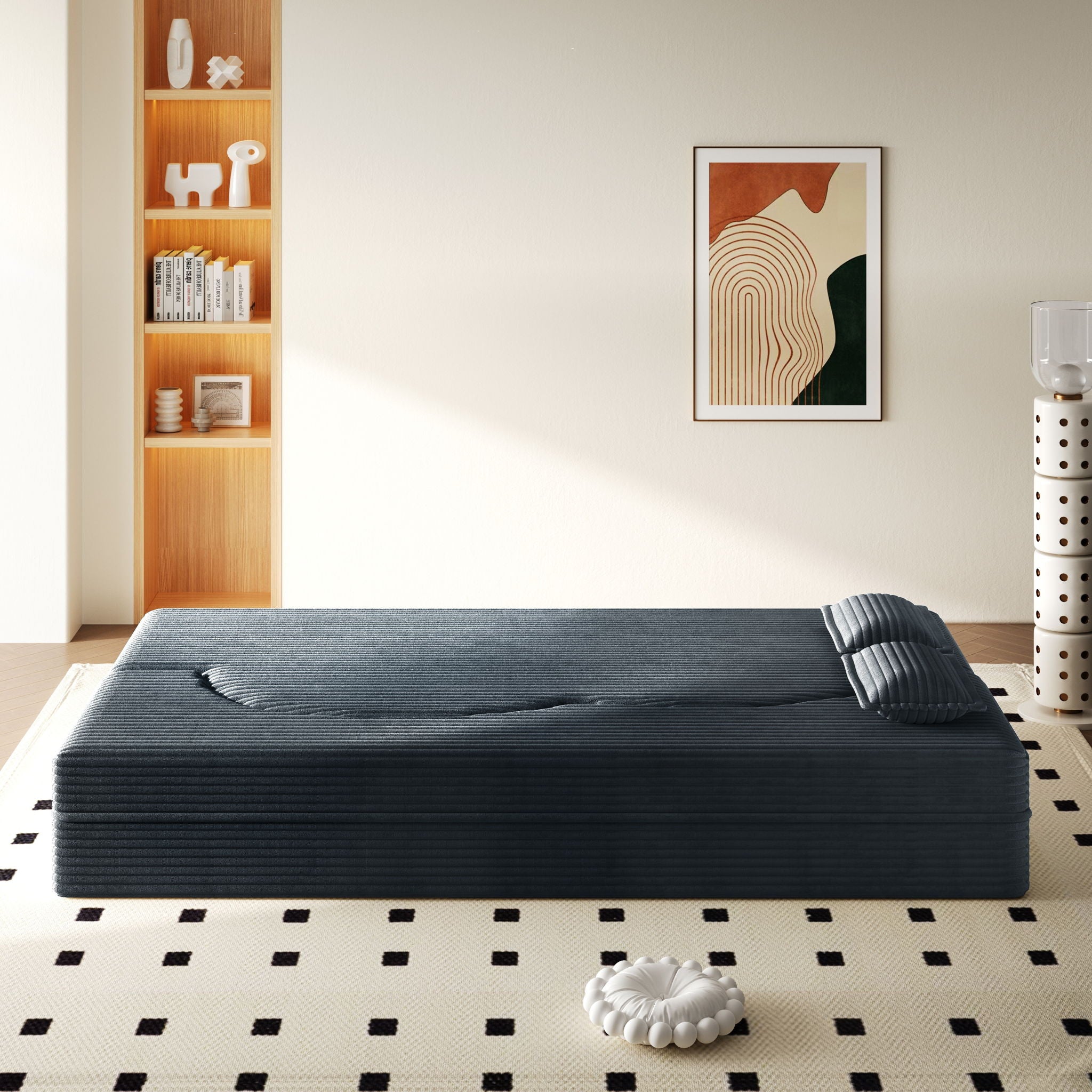 Modern Floor Sofa With 2 Pillows, Convertible Twin Size Folding Mattress For Living Room