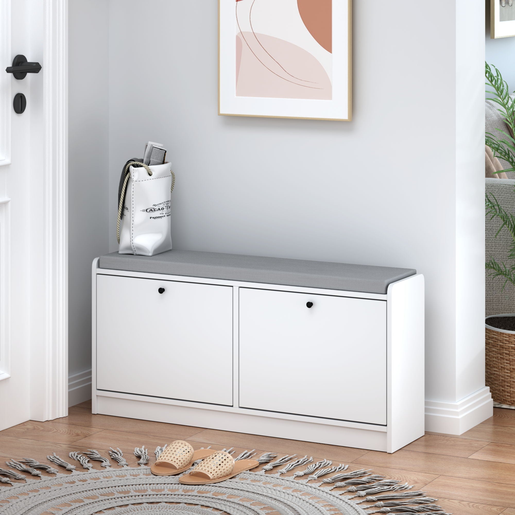 Shoe Storage Bench With Cushion, Entryway Organizer Cabinet For Hallway - White