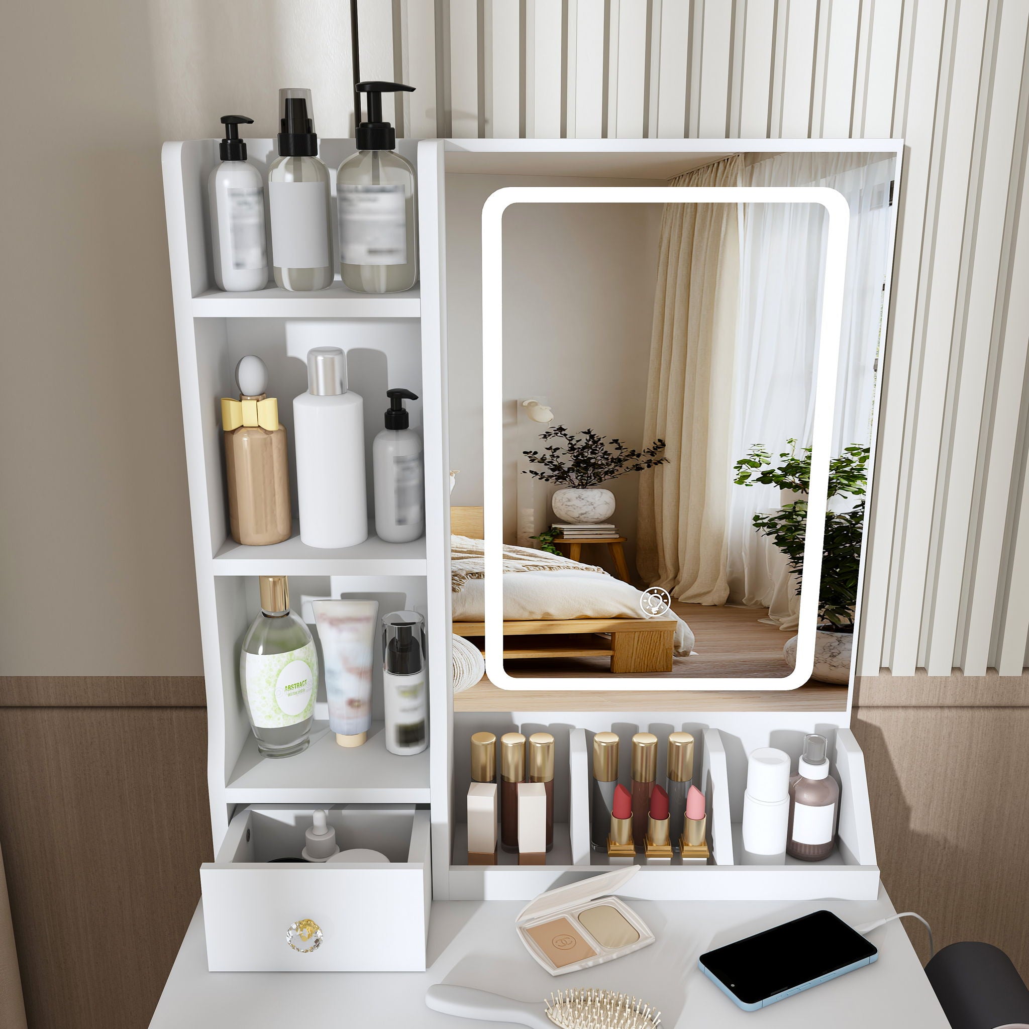 Modern Small Vanity Desk With 3 LED Lighting Modes, 3 Drawers