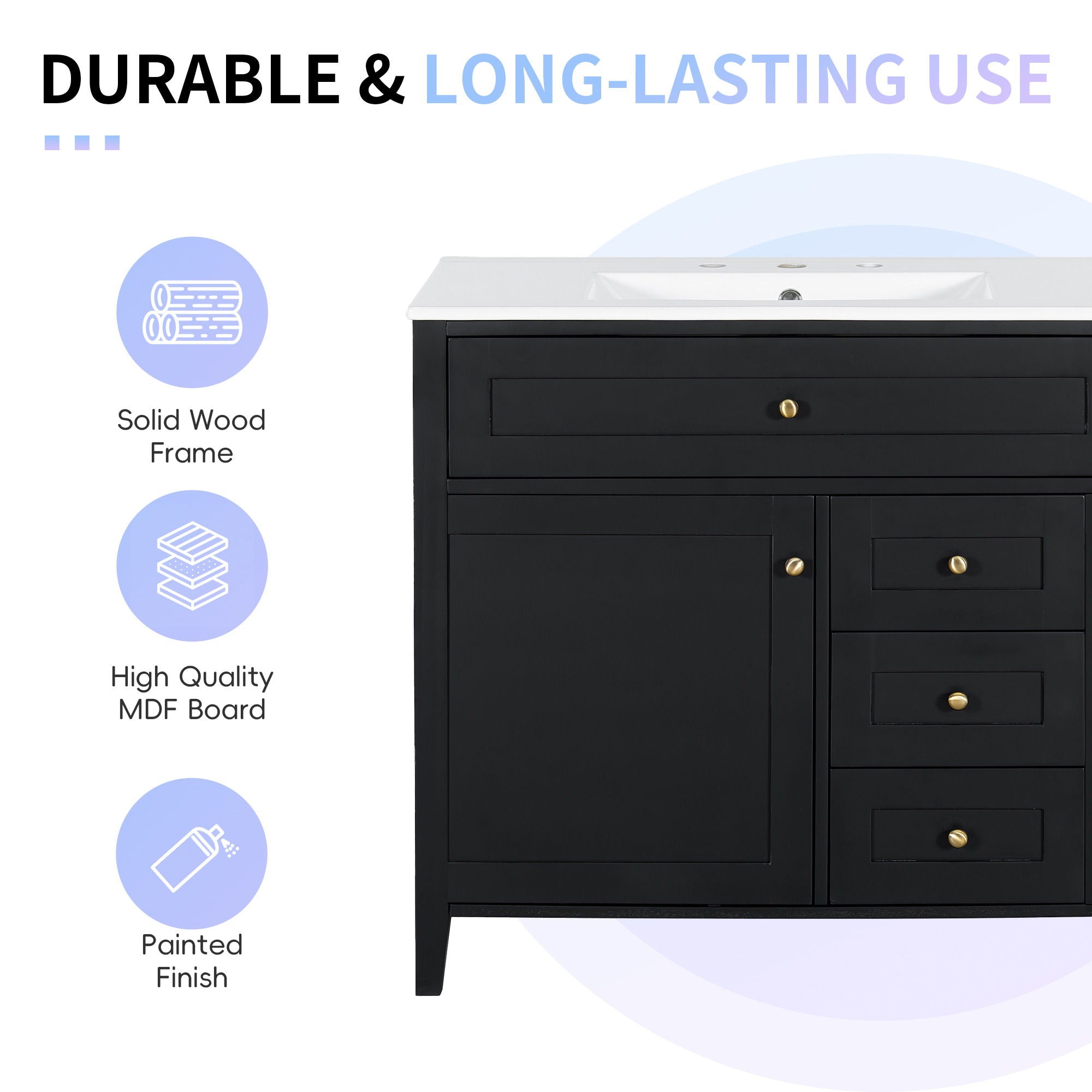 Bathroom Vanity With Sink, Cabinet With 3 Drawers And Adjustable Shelf