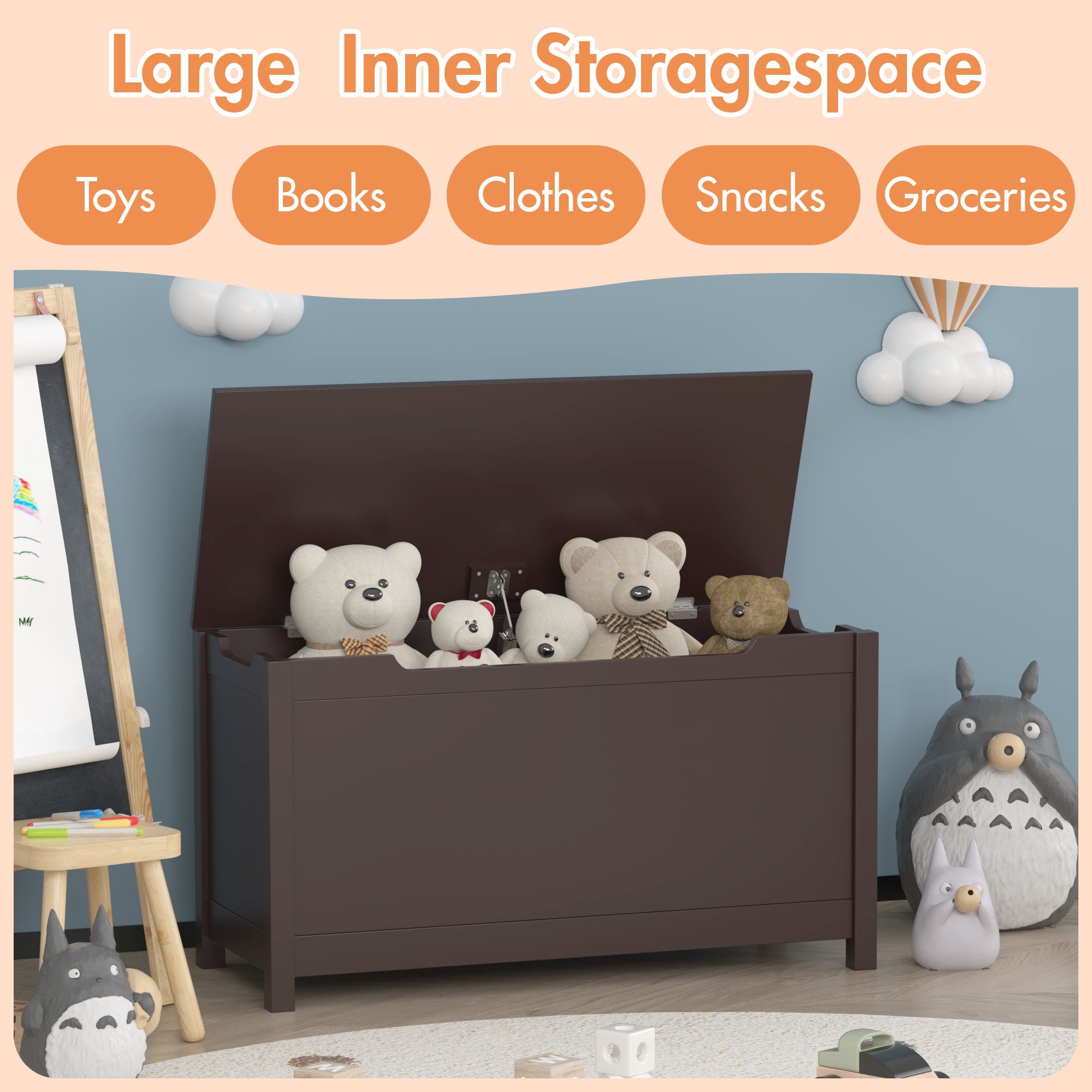 Toy Box Storage With Safety Hinged Lid