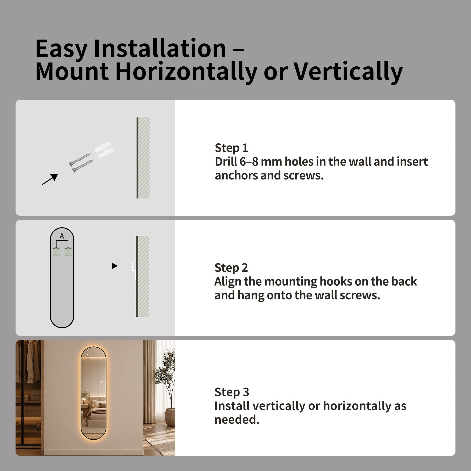 Capsule Shaped Dimmable LED Full Length Wall Mirror With Frame - Silver