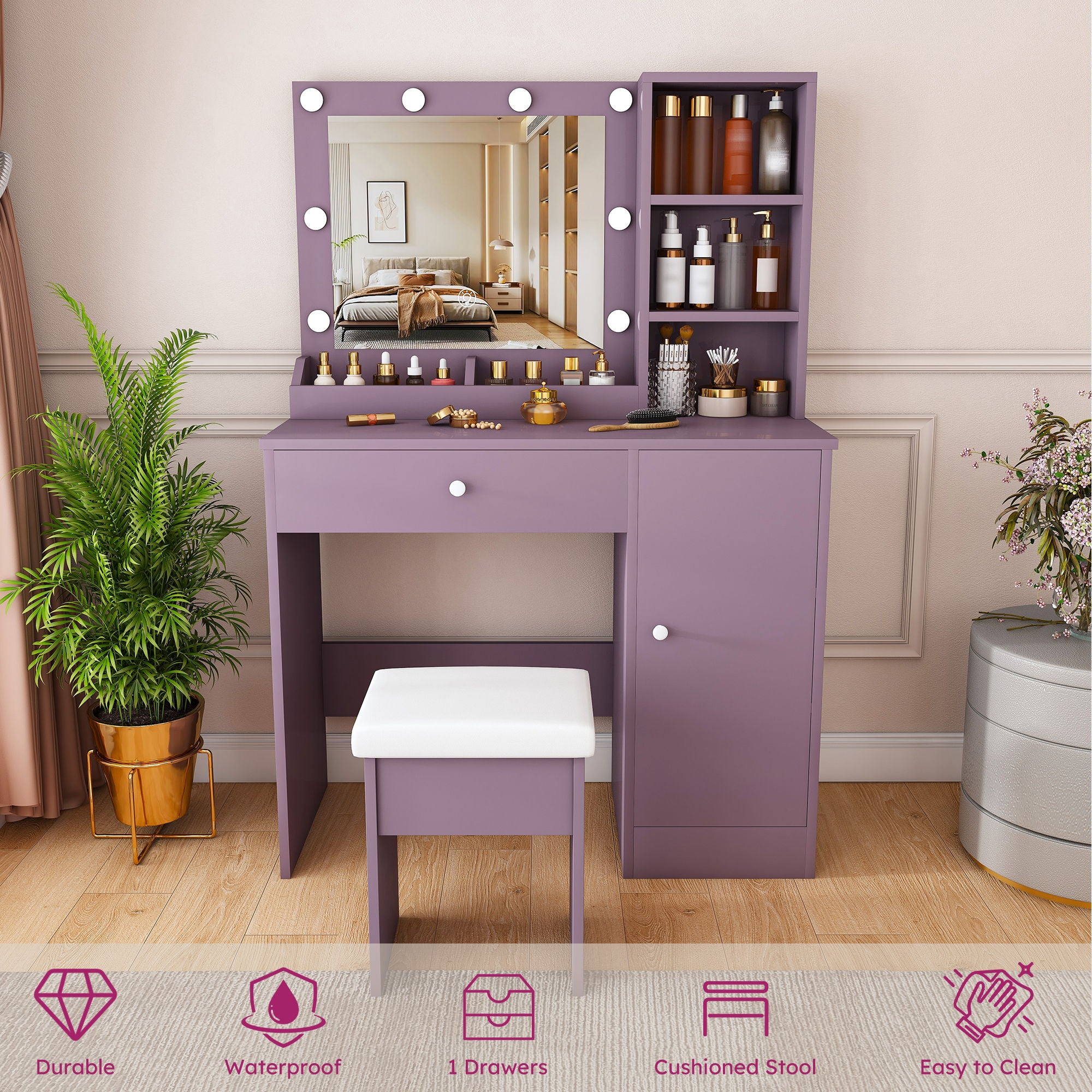 Vanity Desk Set With Padded Stool And Adjustable LED Mirror, 3 Color Light Modes - Purple