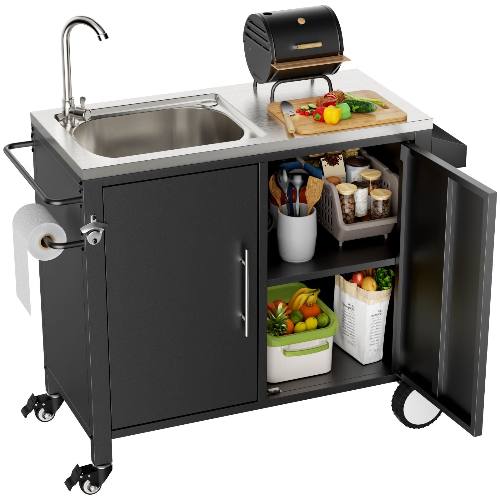 Outdoor Grill Table With Sink, Grill Cart With Sink And Cabinet With Wheels - Black / Silver
