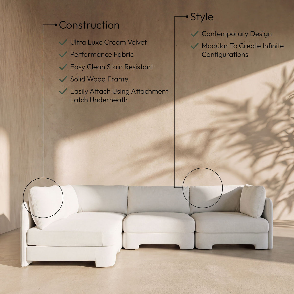 Hammond - Velvet Performance Fabric Upholstered 4 Piece Armless Sectional