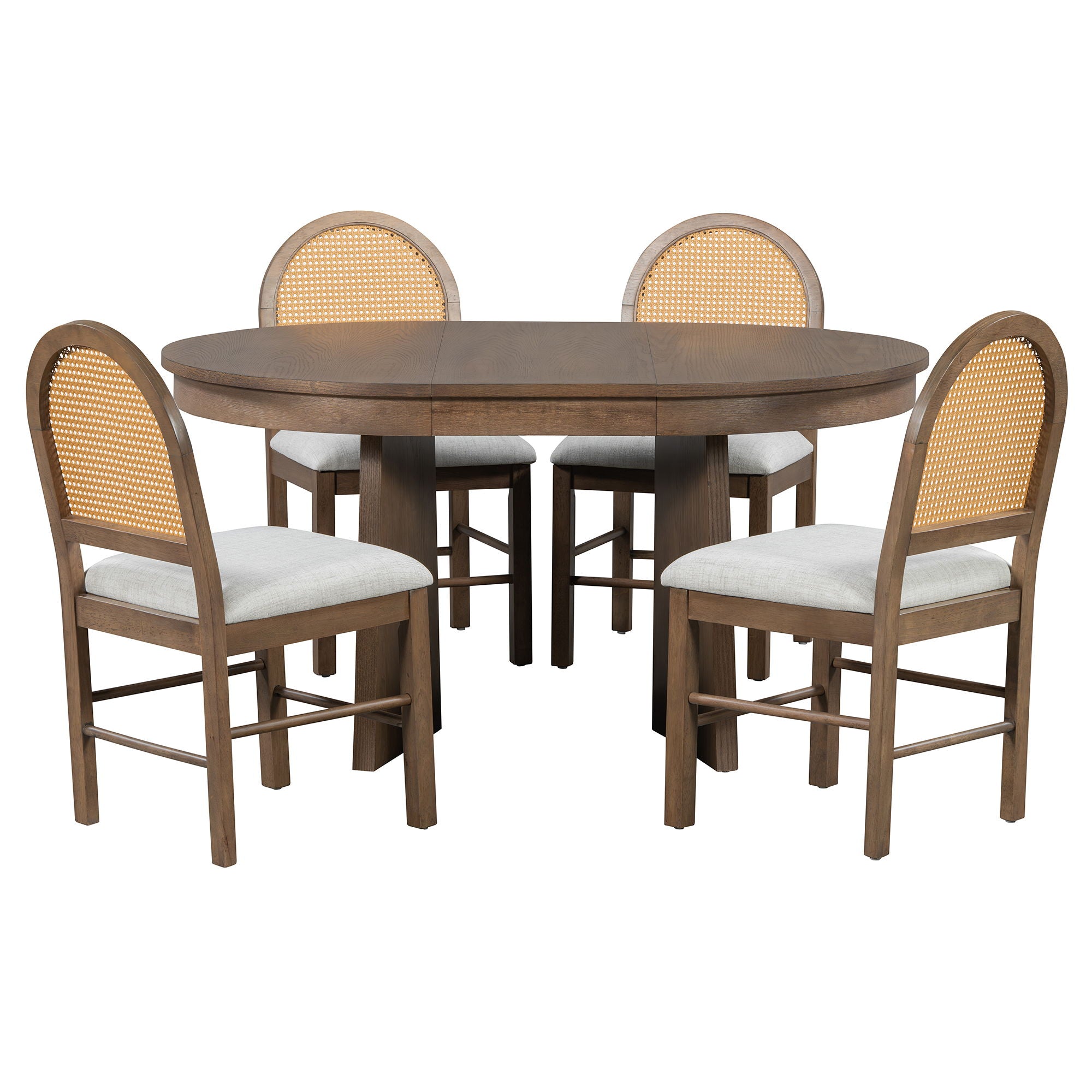Extendable Round Dining Table Set For 4 With 4 Upholstered Chairs - Beige / Walnut