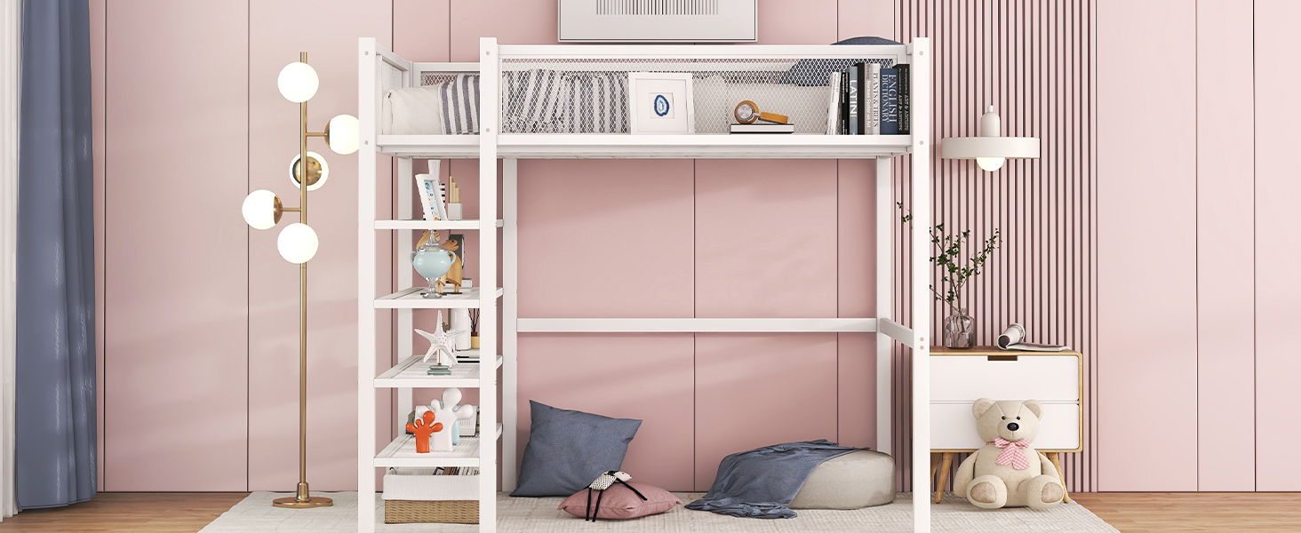 Twin Size Loft Bed With 4 Tier Shelves And Storage - White