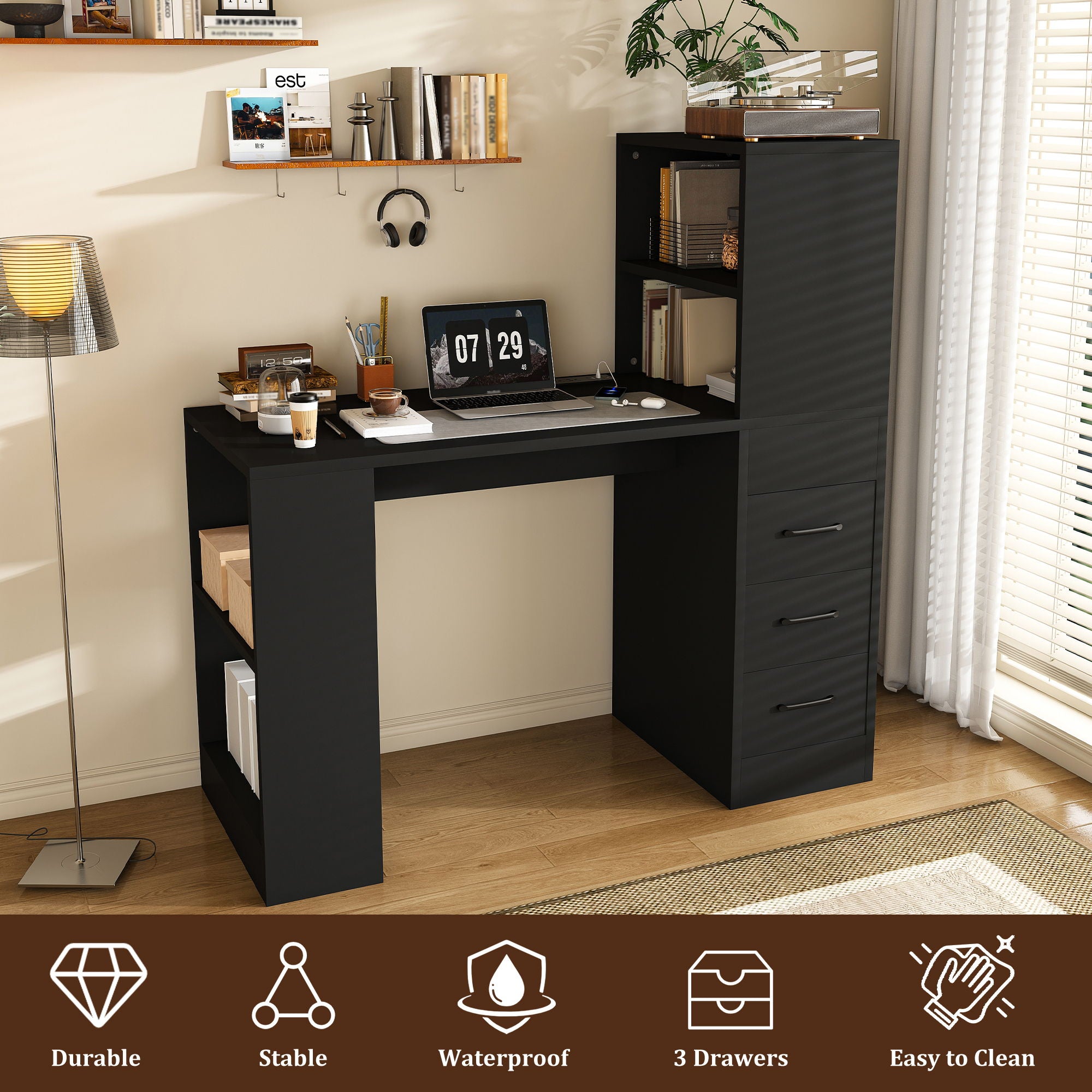 Computer Desk With 4 In 1 Socket & 3 Drawers, 4 Tier Shelves