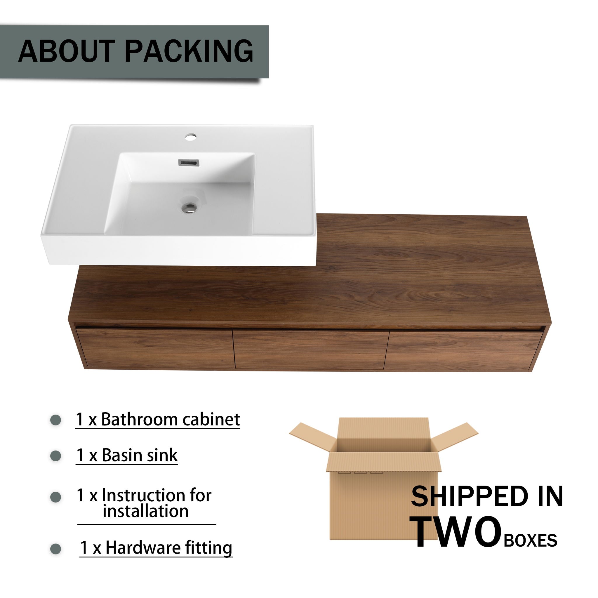 Modern Wall Mounted Bathroom Vanity With Resin Sink And Soft Close Drawer - Brown Ebony