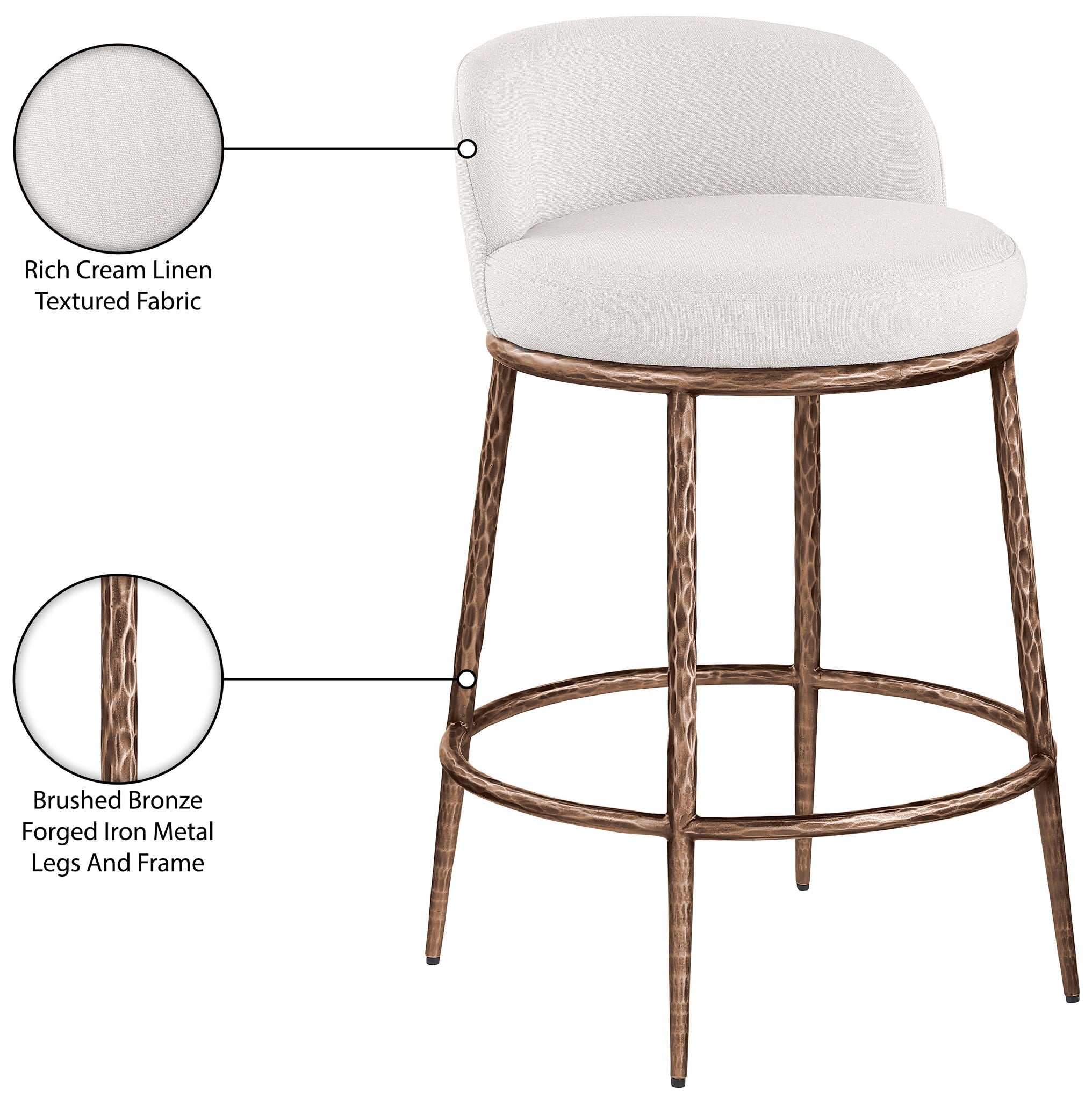 Ferro - Linen Textured Performance Fabric Upholstered Counter Stool - Cream / Brushed Bronze
