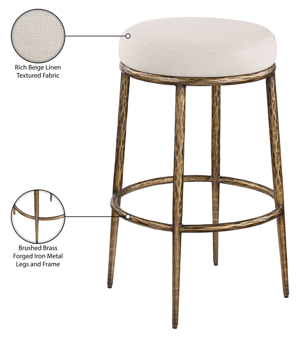 Ferro - Performance Fabric Upholstered Backless Bar Stool - Antique Brass