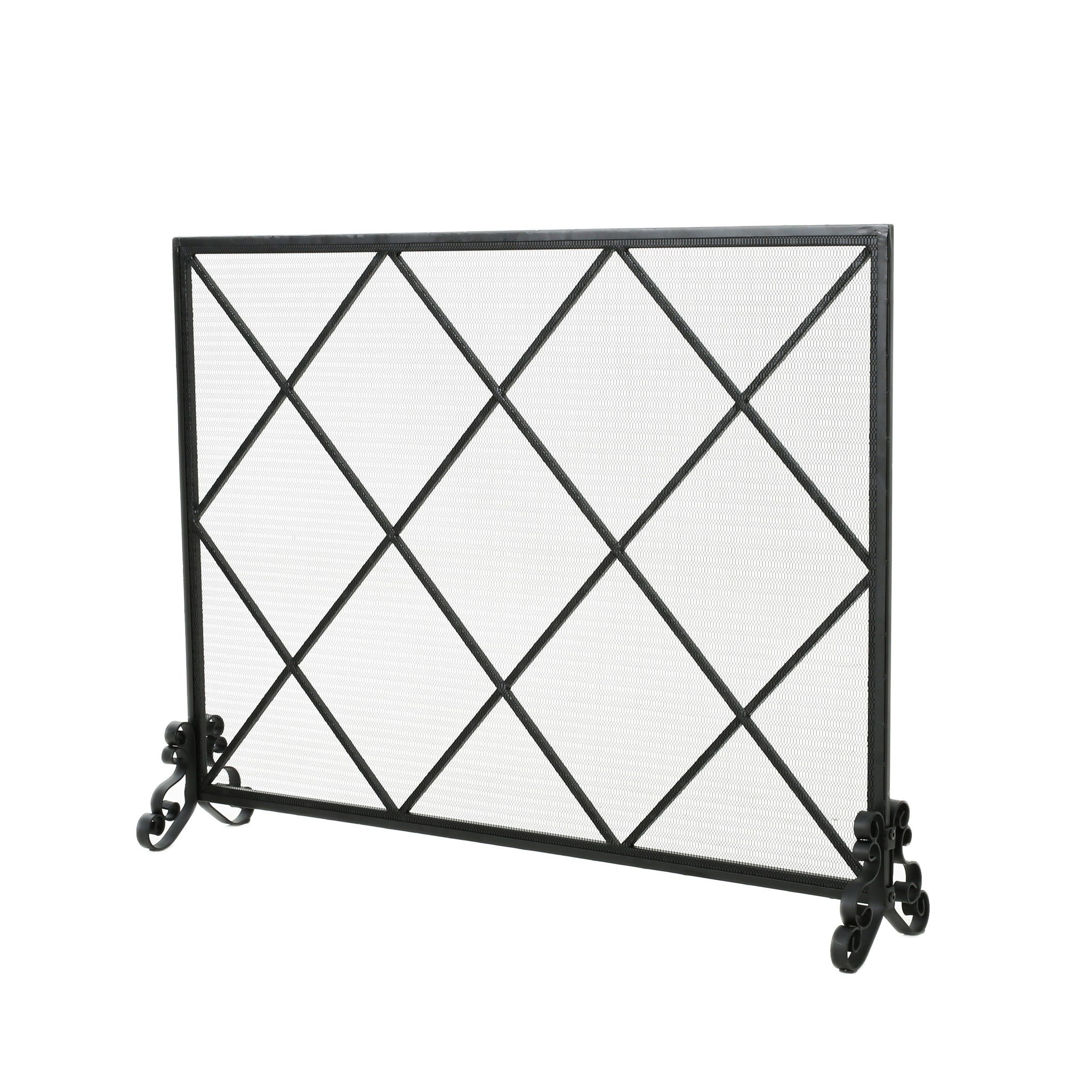 Minimalist Single Panel Iron Fireplace Screen With Diamond Design - Black