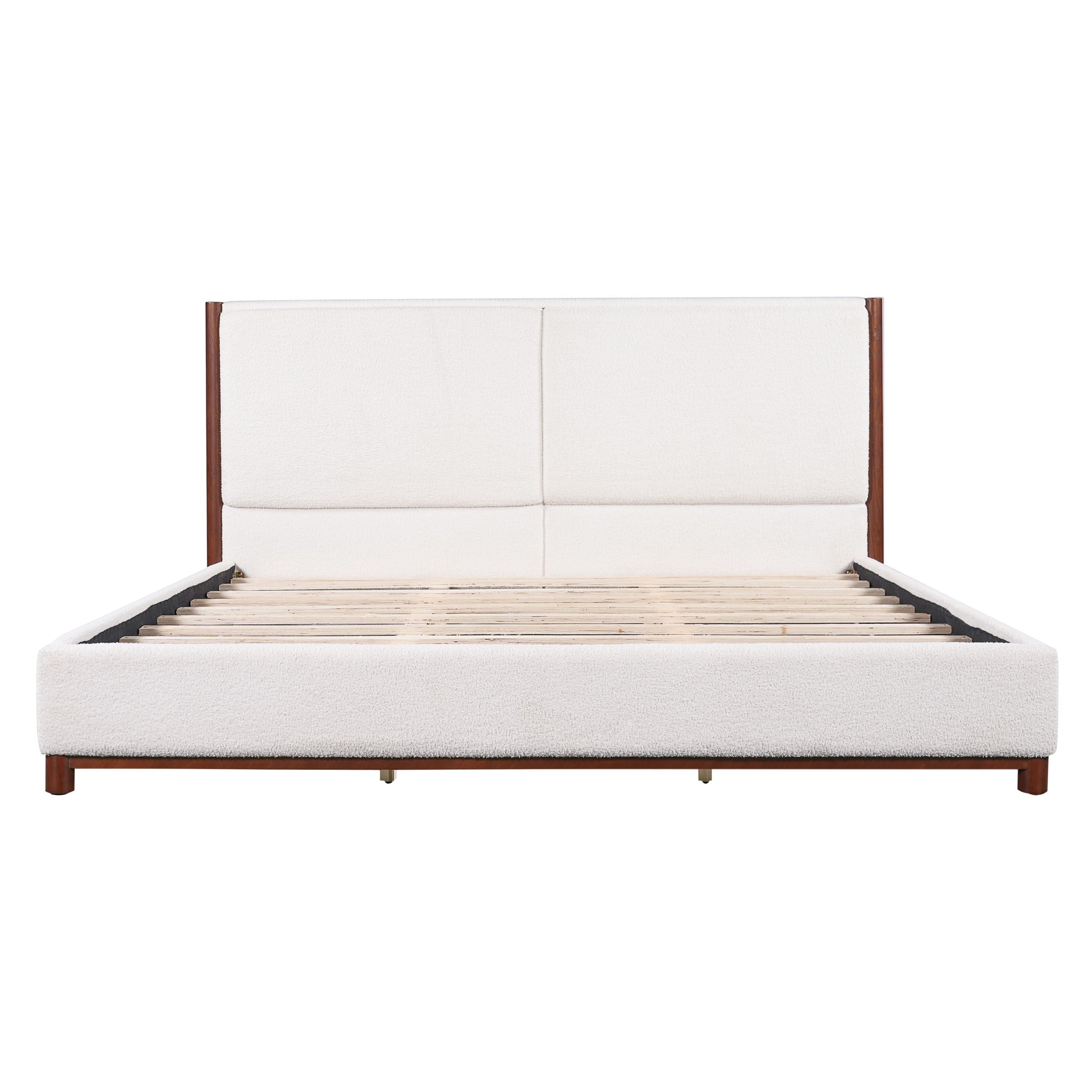 King Upholstered Bed Frame, No Box Spring Needed - Walnut / White
