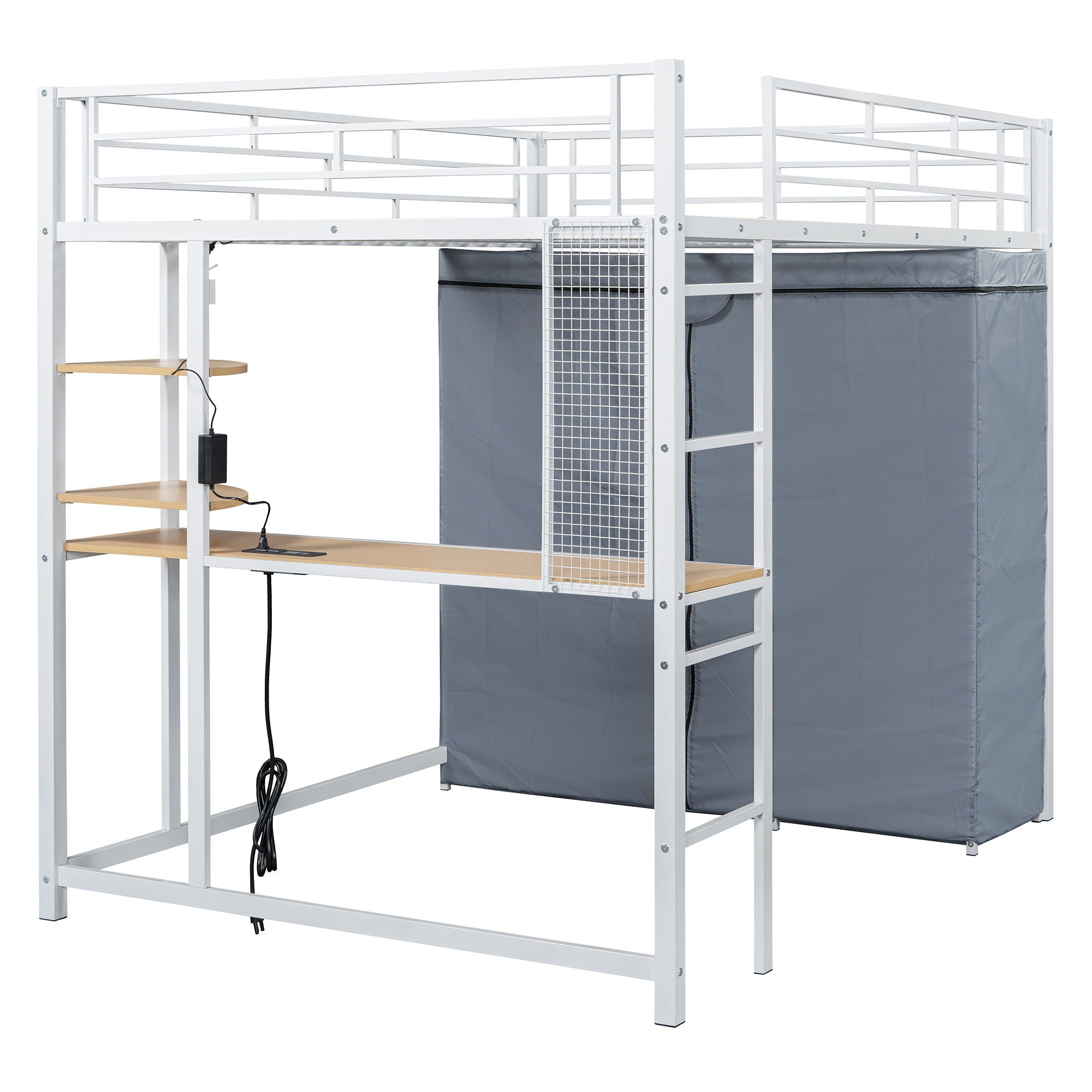 Full Size Loft Bed With Desk, Shelves, Power Outlet, LED Light And Wardrobe - White