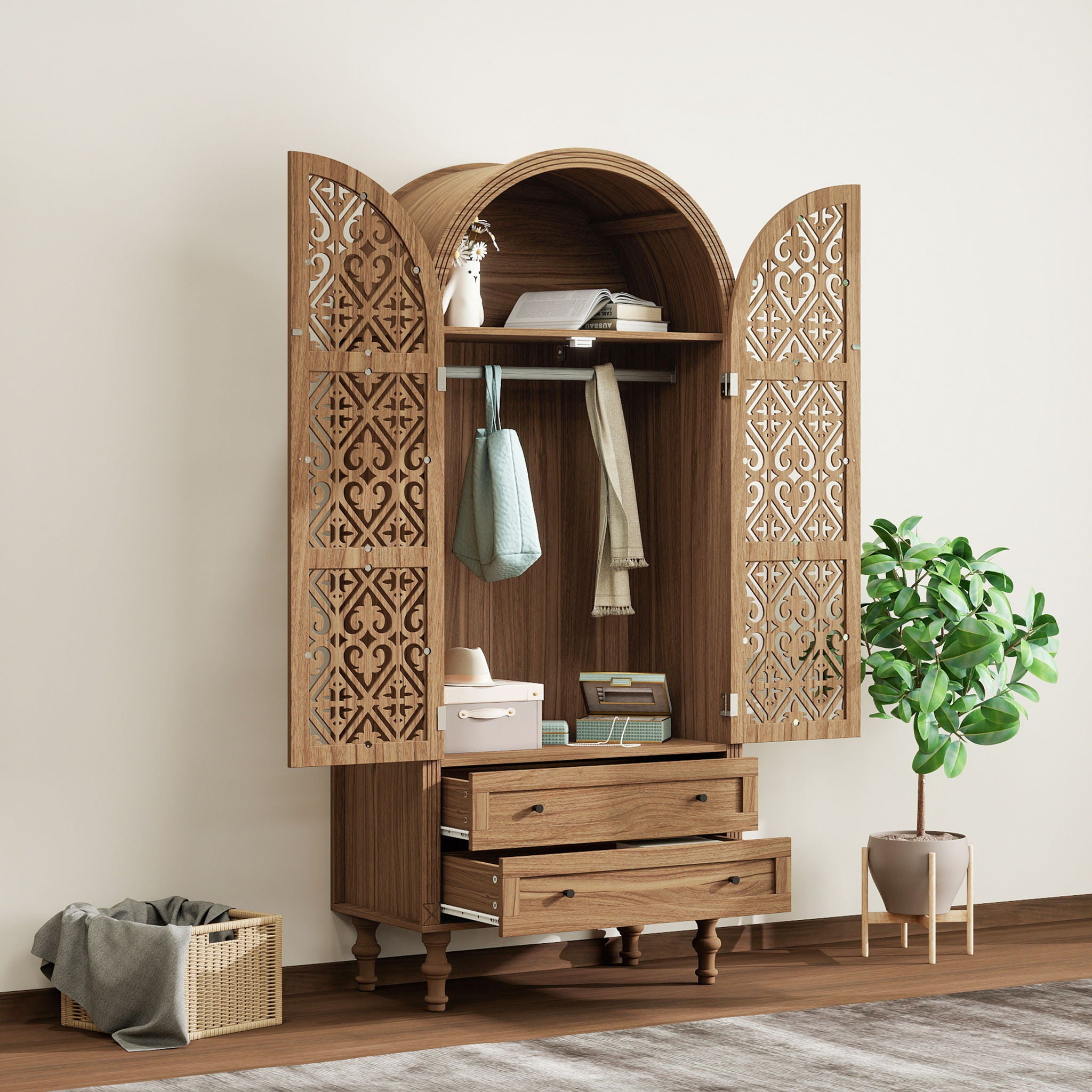 Tall Kitchen Pantry Cabinet With Hollow Carved Doors 2 Drawers And Adjustable Shelves Storage Display Cabinet For Kitchen Dining Room Or Living Room - Walnut