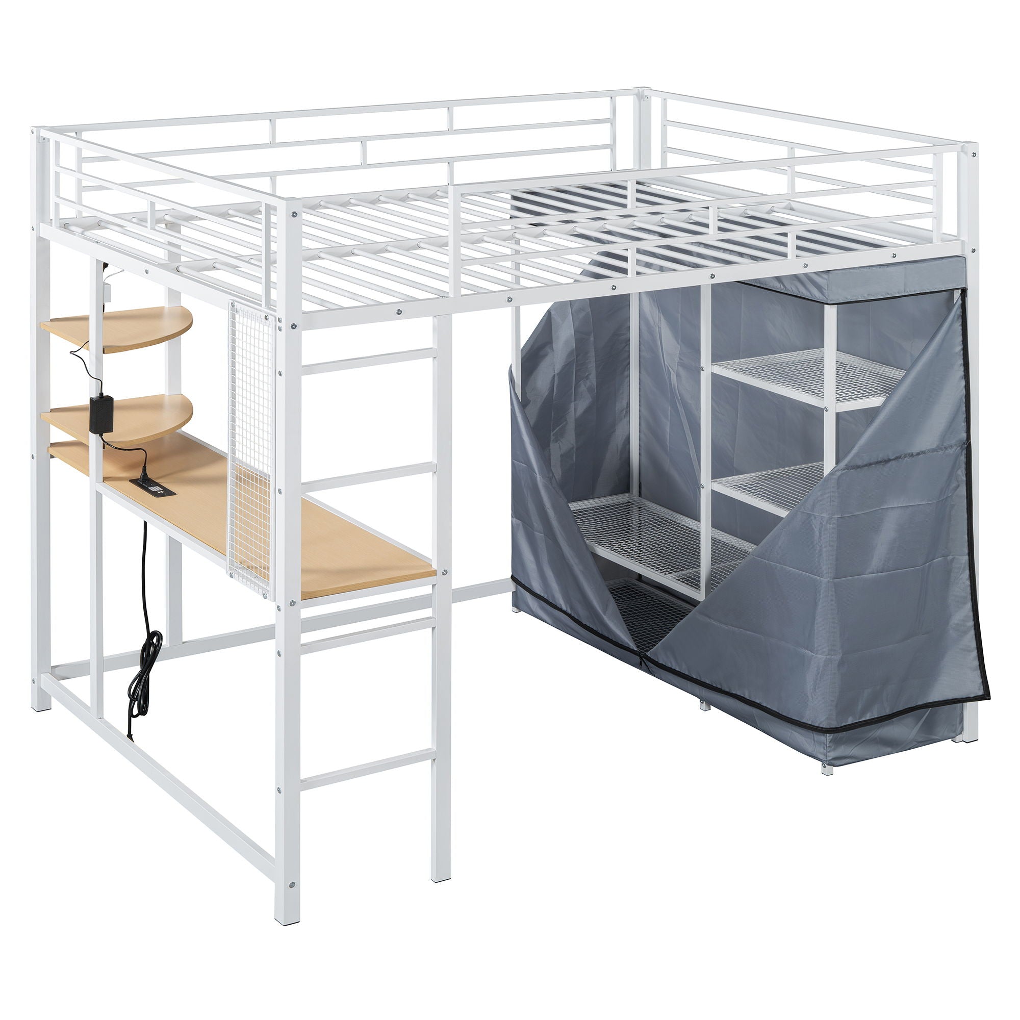 Full Size Loft Bed With Desk, Shelves, Power Outlet, LED Light And Wardrobe - White