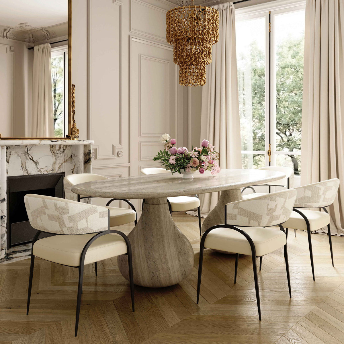 Tatum - Vegan Leather And 2-Tone Jacquard Dining Chair - Cream