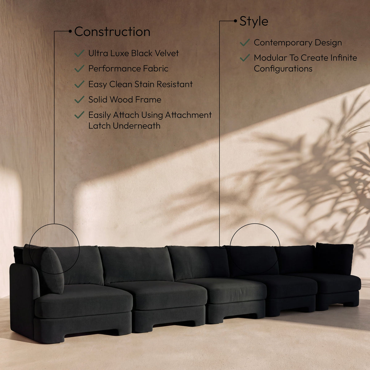 Hammond - Velvet Performance Fabric Upholstered 5 Piece Sofa
