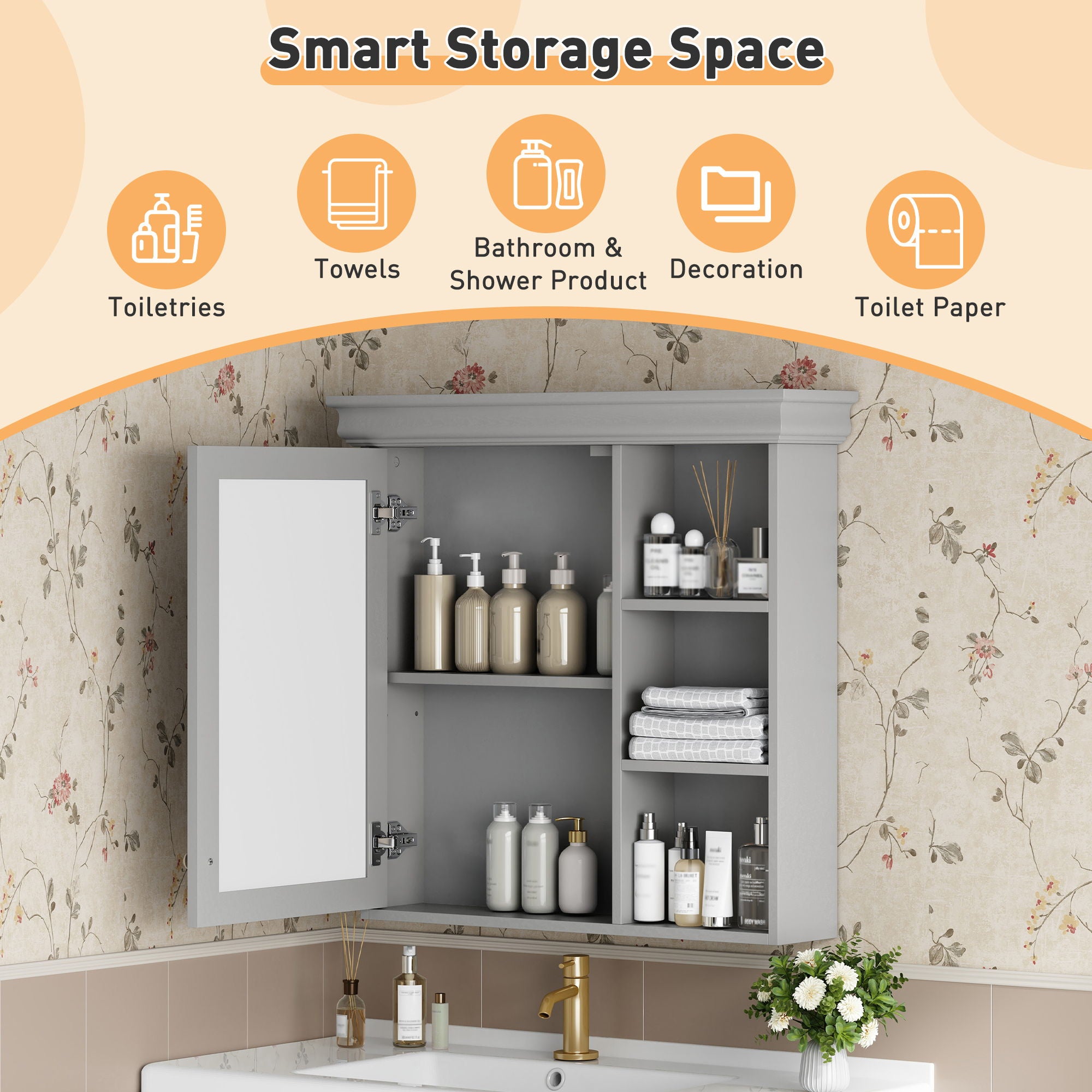 Wall Mounted Bathroom Medicine Cabinet With Mirror And Adjustable Storage With Soft Close Hinges