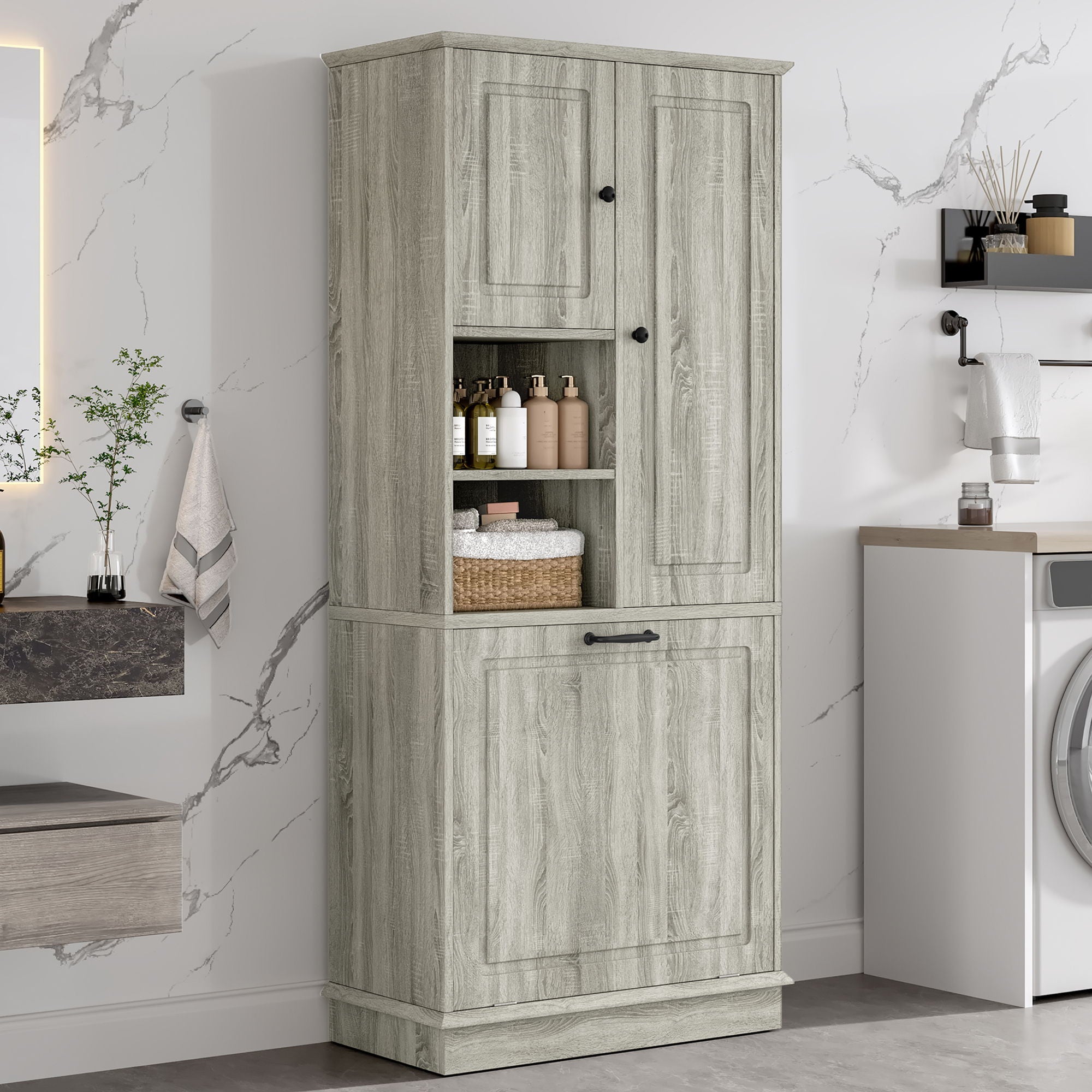 Modern Tall Storage Cabinet With Adjustable Shelves, Flip-Out Basket & Enclosed Doors